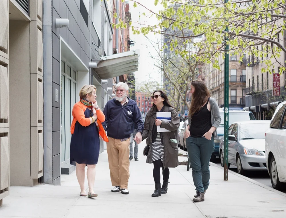 Kathy Battista, Dan Graham, Mieko Meguro and Katie Holten, walking on Orchard Street in New York on April 27, 2014. Photo by Eva O'Leary.