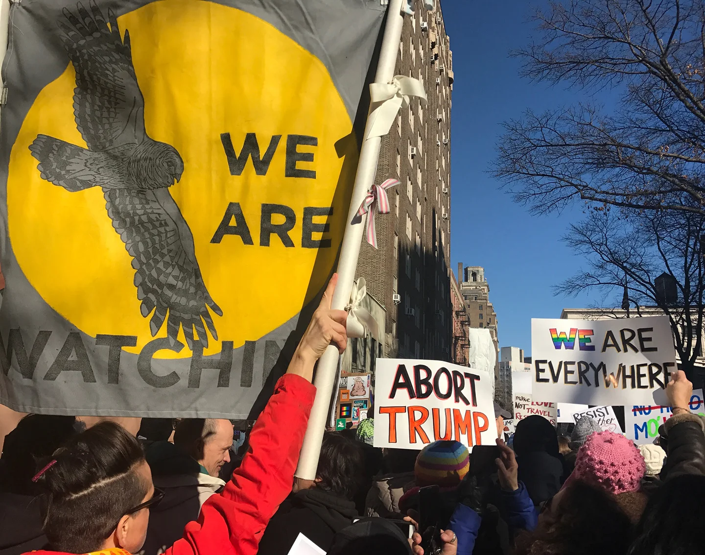  WE ARE WATCHING , 2017, banner for the Women's March on Washington by the Dovecote Collective