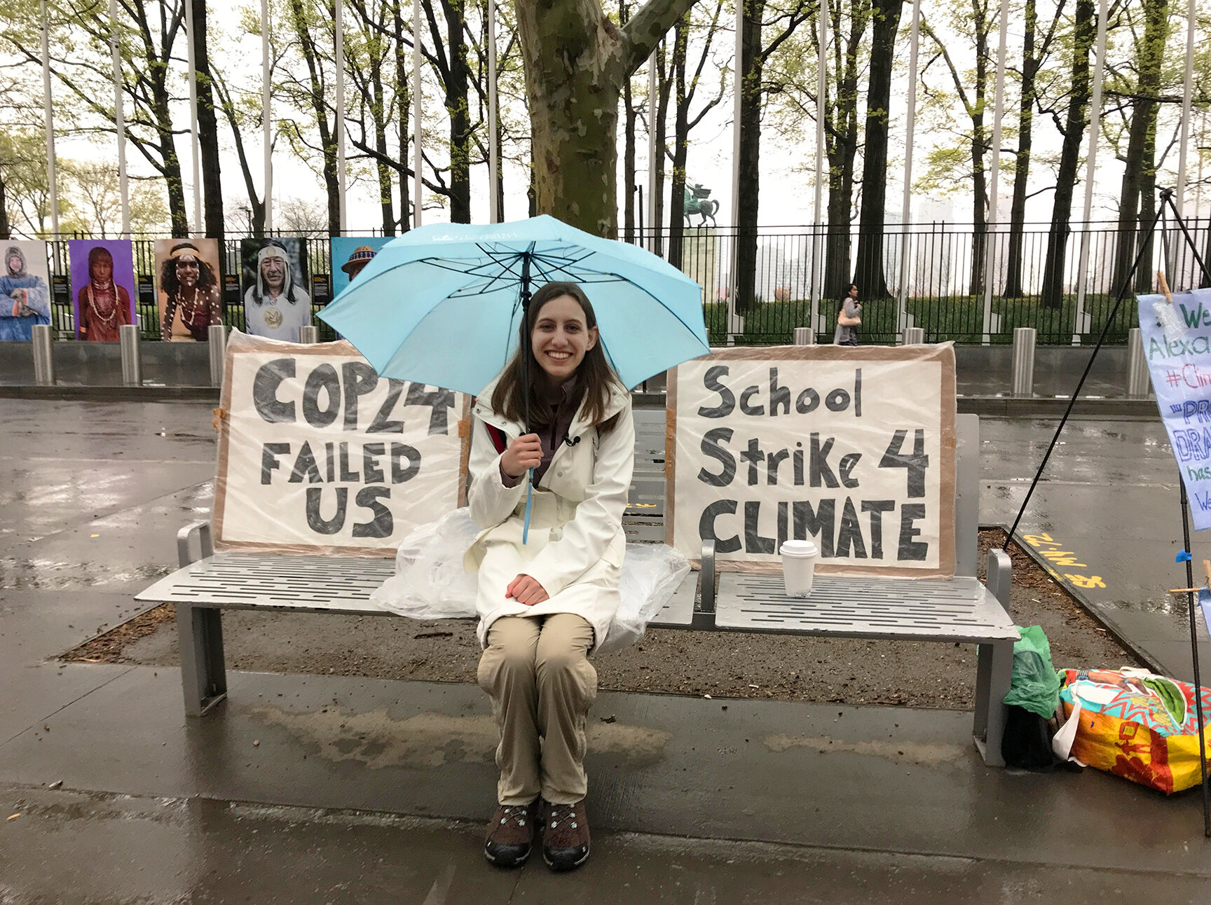  Alexandria (Lexi) Villaseñor solo striking on her bench outside the UN in NYC in April 2019. 