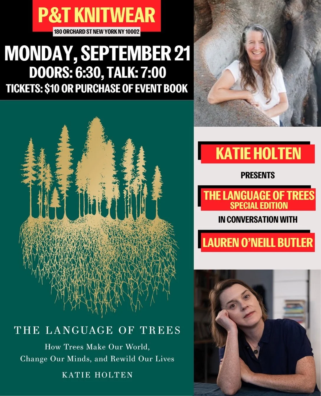 NYC, see you Monday! Please join me @ptknitwear on Monday, September 21 to celebrate a new, special edition of THE LANGUAGE OF TREES. 🥳

I can&rsquo;t wait to sit down with @loneillbutler and some of the contributors to the book will also be there.
