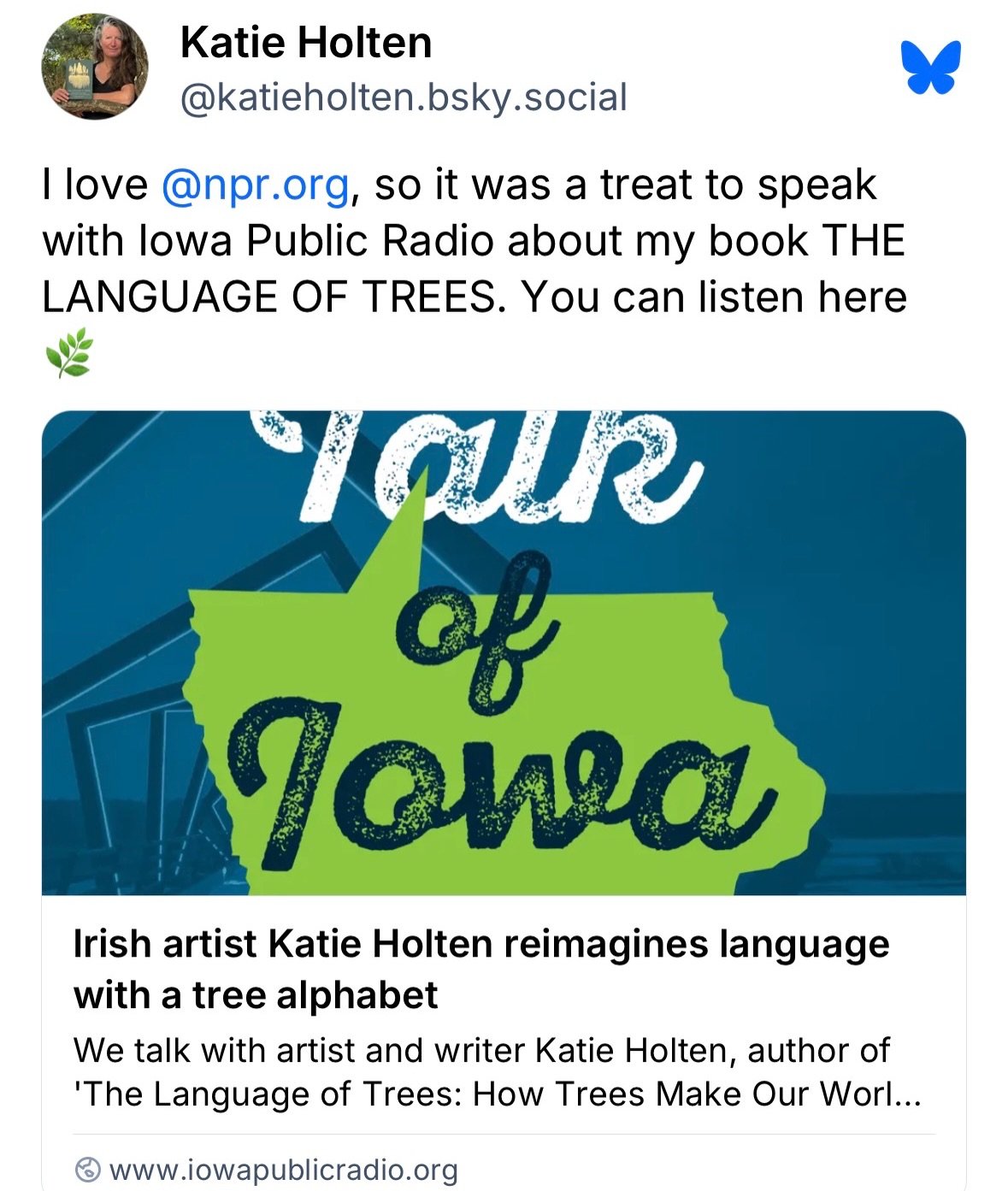 I love @npr so it was a treat to speak with Charity Nebbe @iowapublicradio about my book THE LANGUAGE OF TREES and my upcoming visit to the University of Iowa. 

Right now, I&rsquo;m on a Greyhound bus to Iowa City. See you tomorrow! Swipe for bonus 