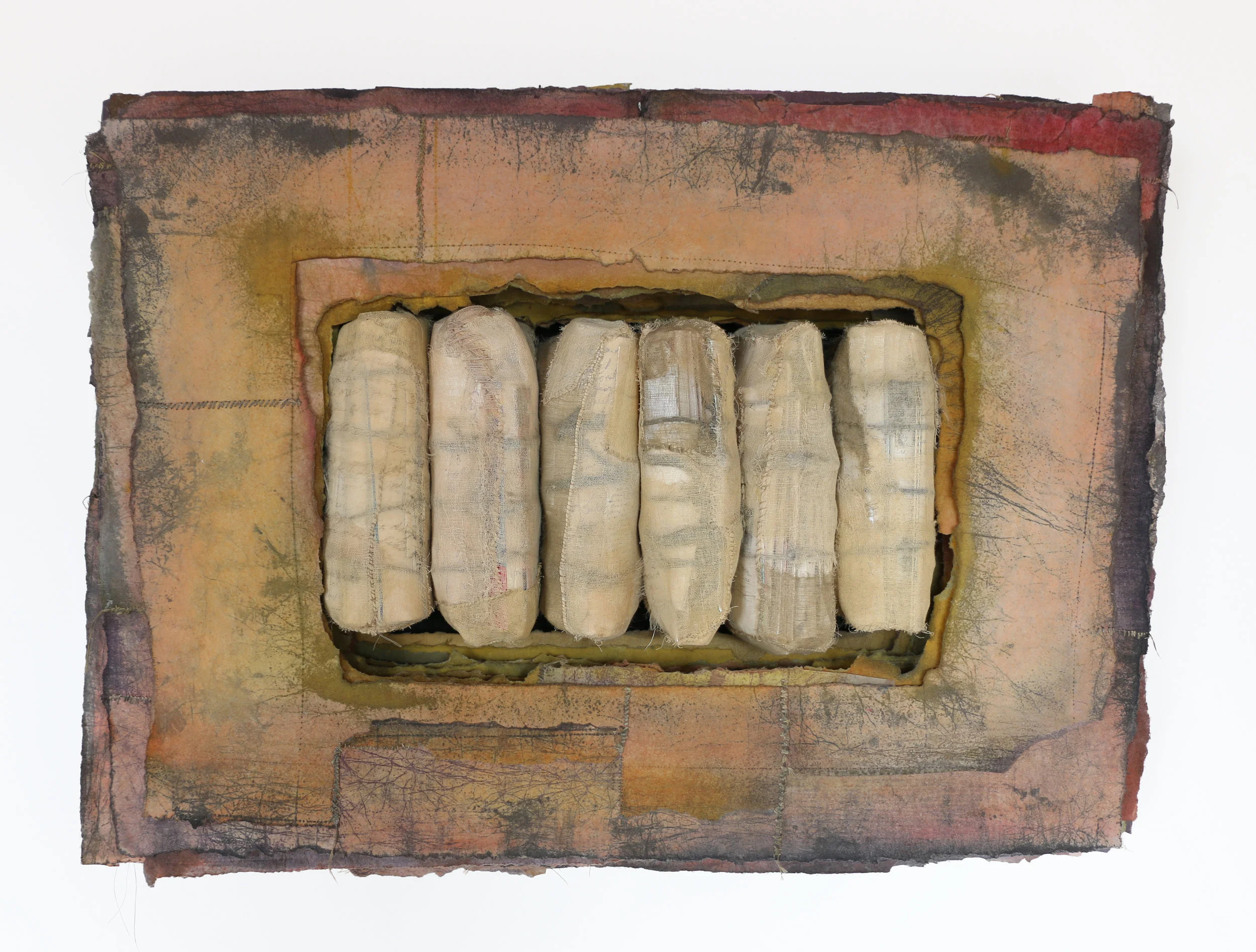 Chrysalid cotton, synthetic fiber, paper, pigment, thread 24" x 32" x 9". 1993