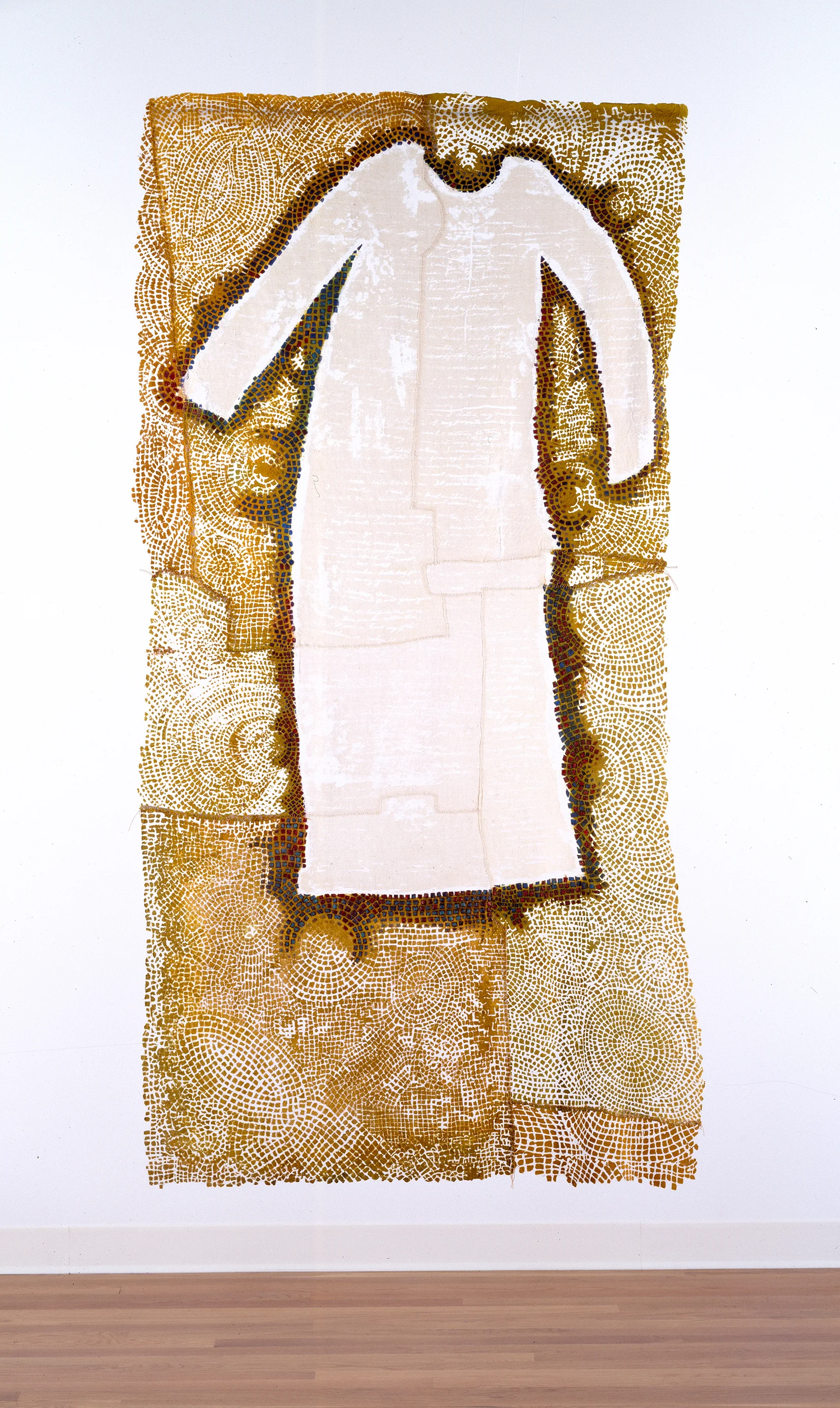 Excavation: Soulskin #11 linen blend, thread, dye, pigment / devoré 66" x 34" “Here I present cloth as having the same significance as other essential elements of the earth. Much of the linen is burnt away, leaving a thin, transparent veil of fiber connecting what remains. Extending the piece 13" away from the wall gives it a floating, tenuous presence. I wanted to elevate the value of cloth as personal evidence of a life.” –Susan Lordi Marker 