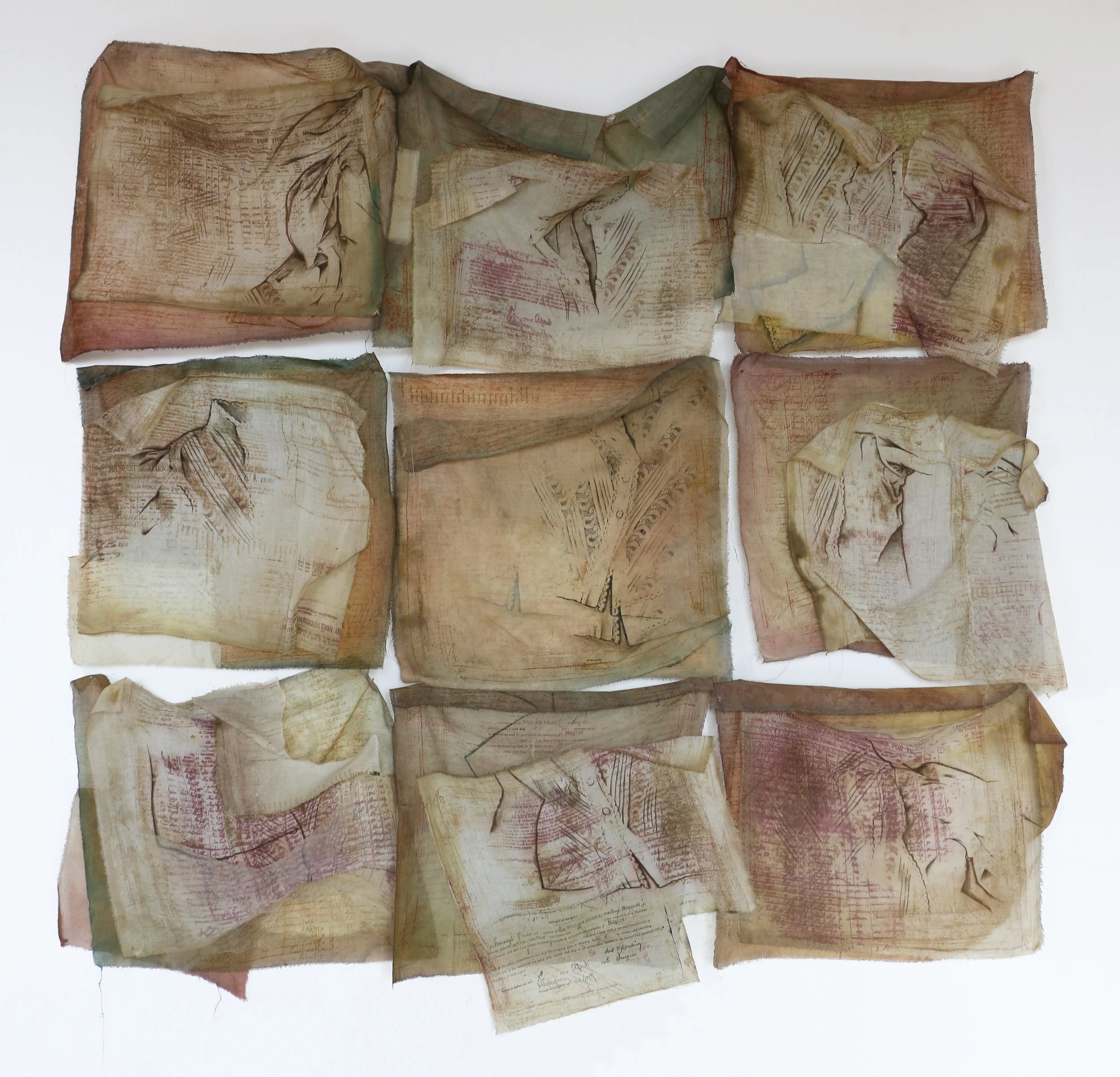 Manifesto Cotton, nylon, pigment, thread / dye 65" x 65" x 5" 1993 “The idea that the past continues to inform the present intrigues me. In Manifesto , a dialogue among generations is glimpsed through a palimpsest of images and text. This layering could imply gradual disappearance, yet also suggest a process of unfolding and emerging.” –Susan Lordi Marker 