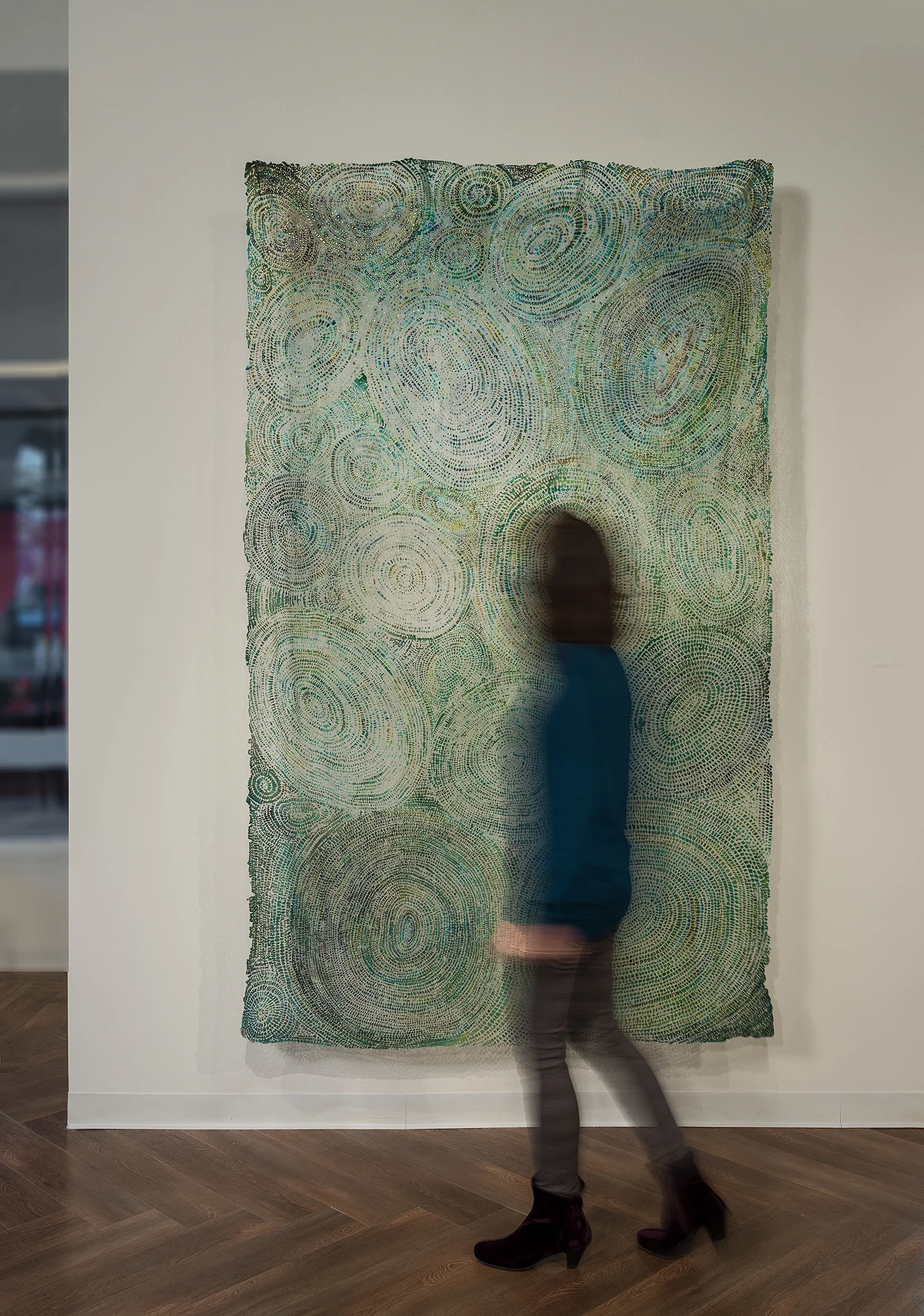 Soulskin: Sun, Lake, Dragonfly linen blend, pigment, gold leaf / dyed, devoré 90" x 54" 2000