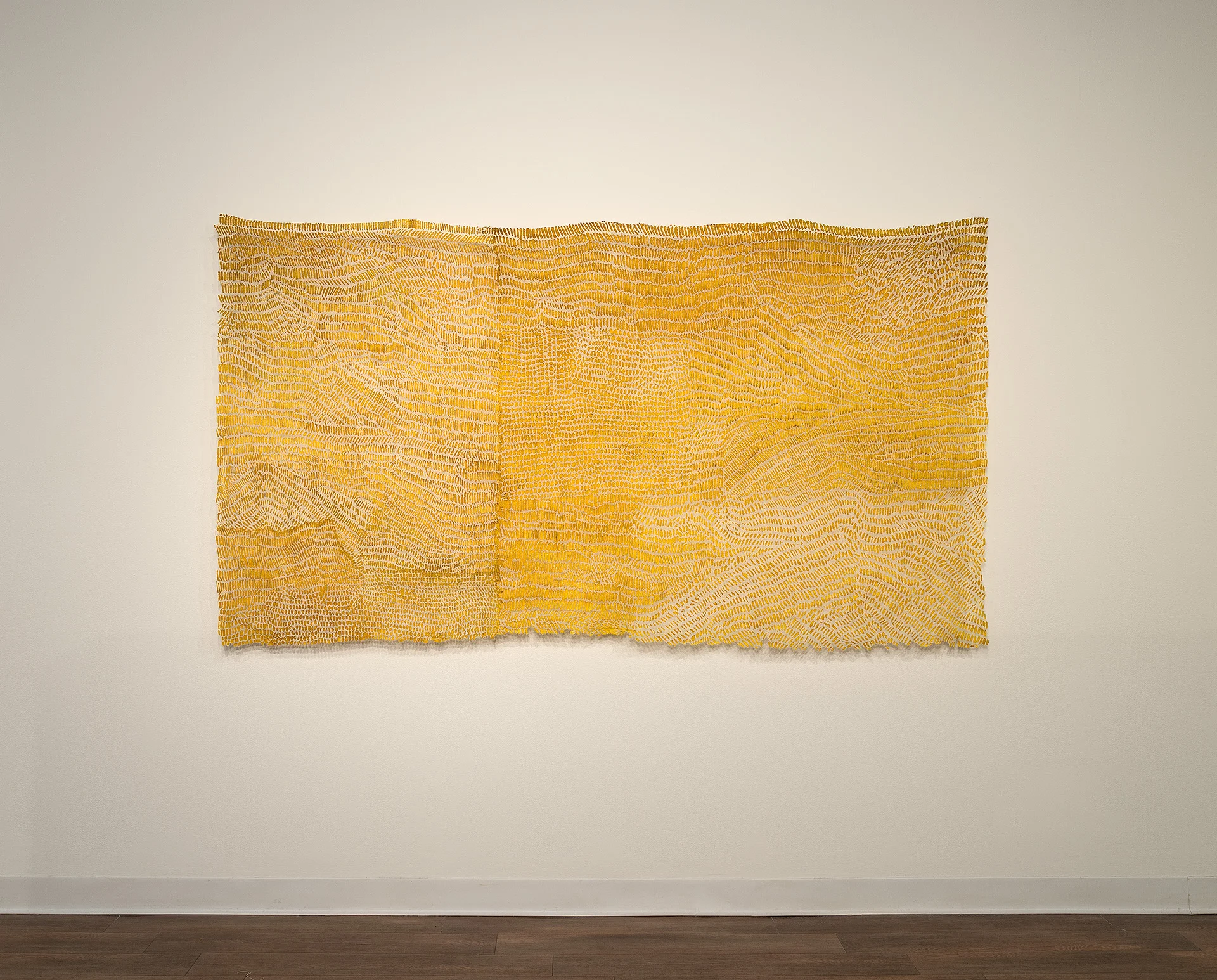 a remnant: Helianthus linen blend, gold leaf, thread, dye 48" x 84" 2010