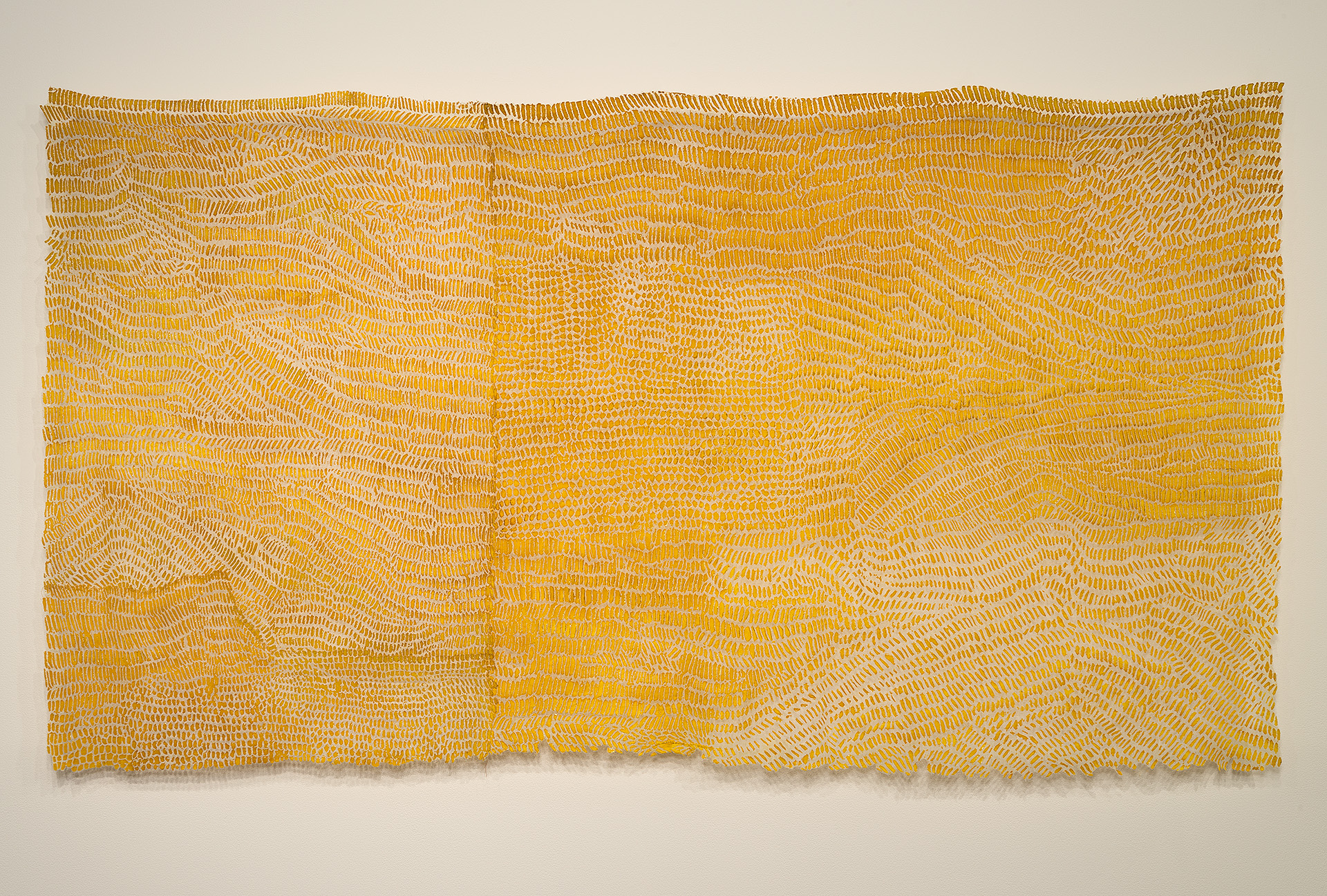   a remnant: Helianthus   linen blend, gold leaf, thread, / dyed, hand-stitched, devoré 48" x 84" 2011 