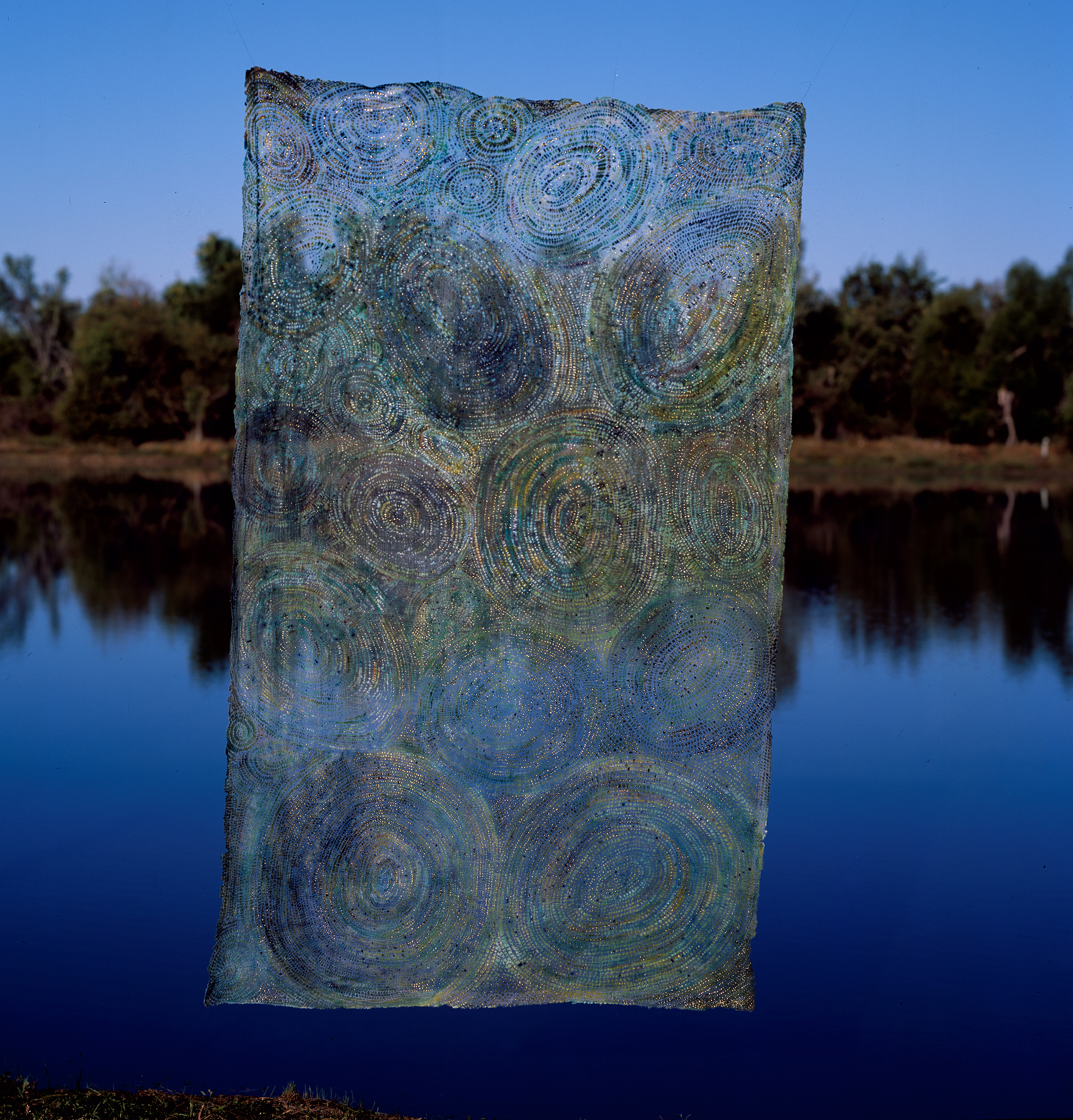   Soulskin: Sun, Lake, Dragonfly   linen blend, dye, pigment, gold leaf / devoré 90" x 54" 2000 