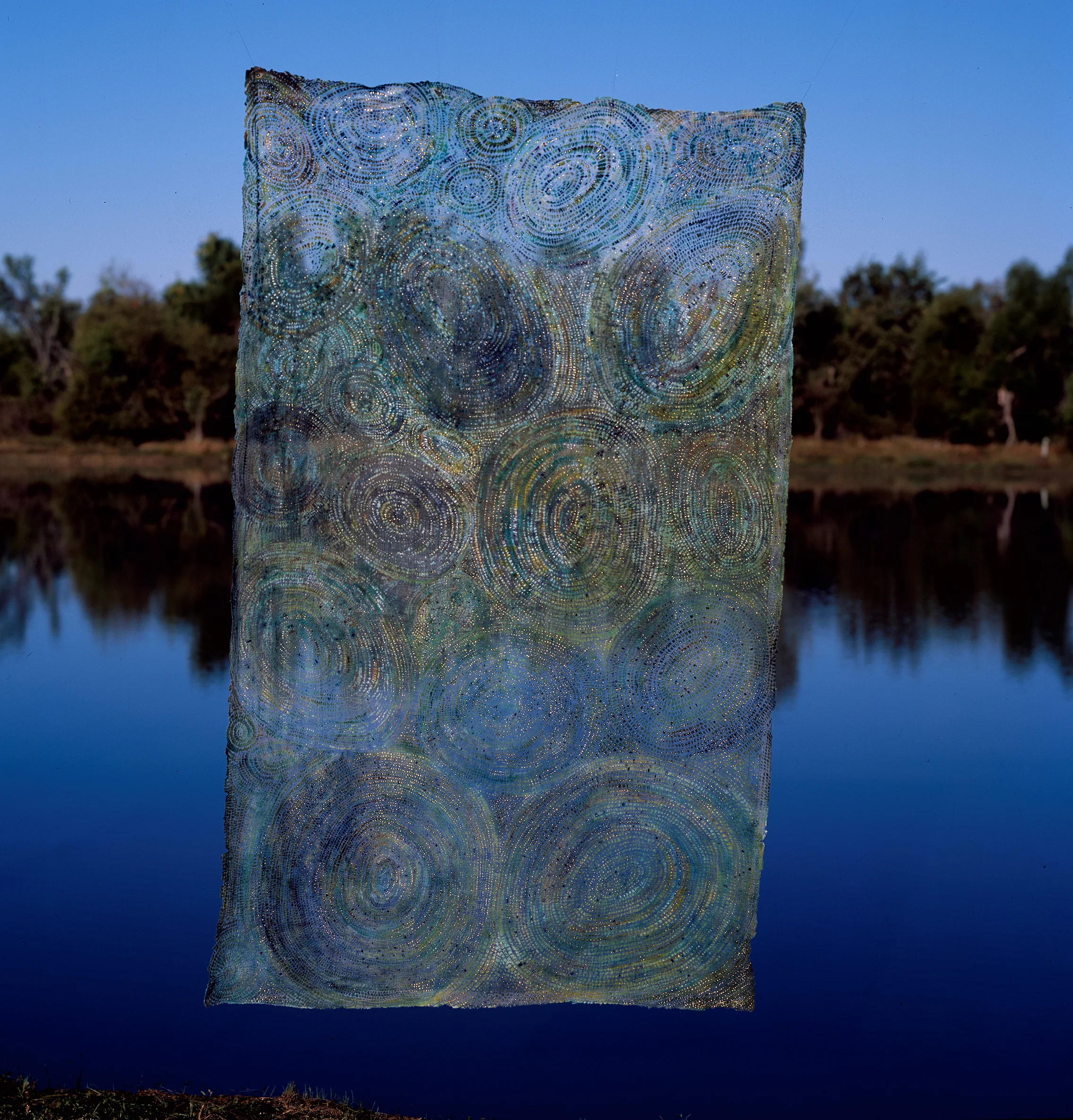 Soulskin: Sun, Lake, Dragonfly linen blend, dye, pigment, gold leaf / devoré 90" x 54" 2000