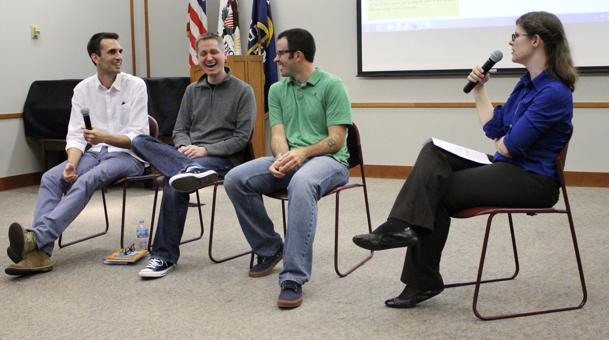 Travis Jonker, John Schumacher, Colby Sharp, and Betsy Bird at the Evanston Public Library literary salon.