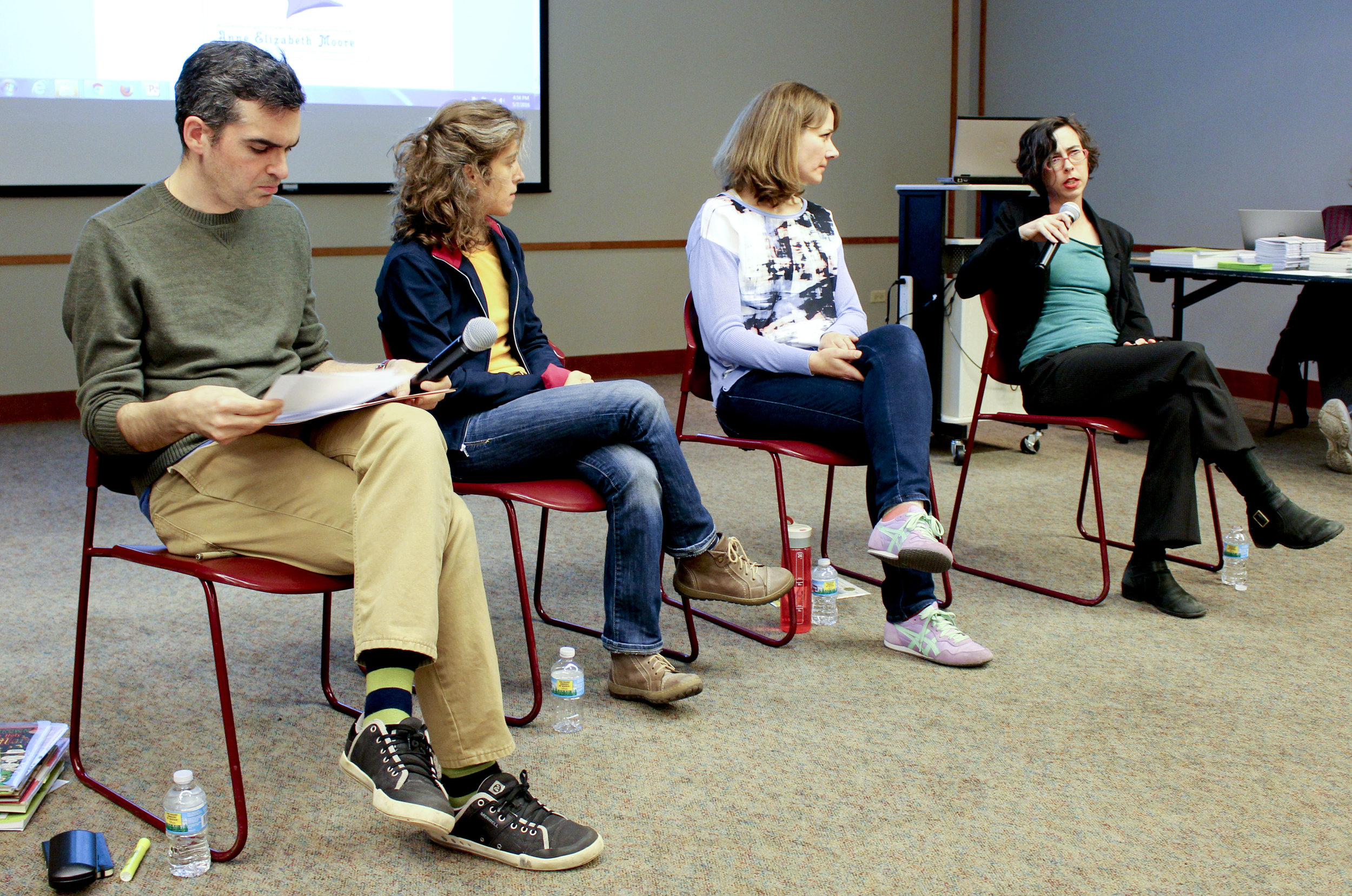 Brian Cremins, Ozge Samanci, Keiler Roberts, and Anne Elizabeth Moore at the Evanston Public Library.