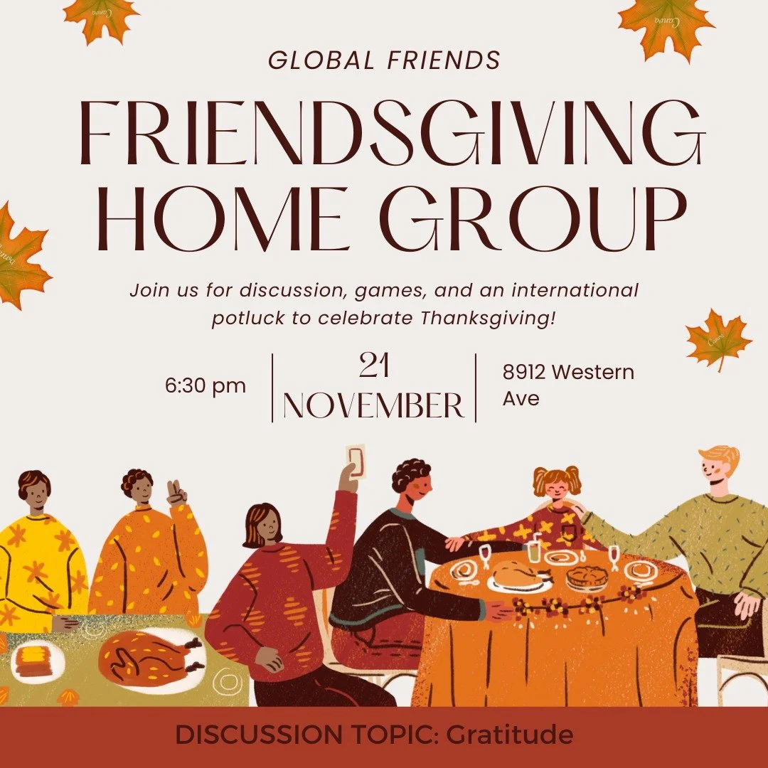 The last home groups of the semester are this weekend! 🥹 Bring your favorite side dish or dessert to Julie's home for Friendsgiving and discussion about gratitude! 🦃💬

🚗 Transportation provided at 6pm from the University Village Clubhouse