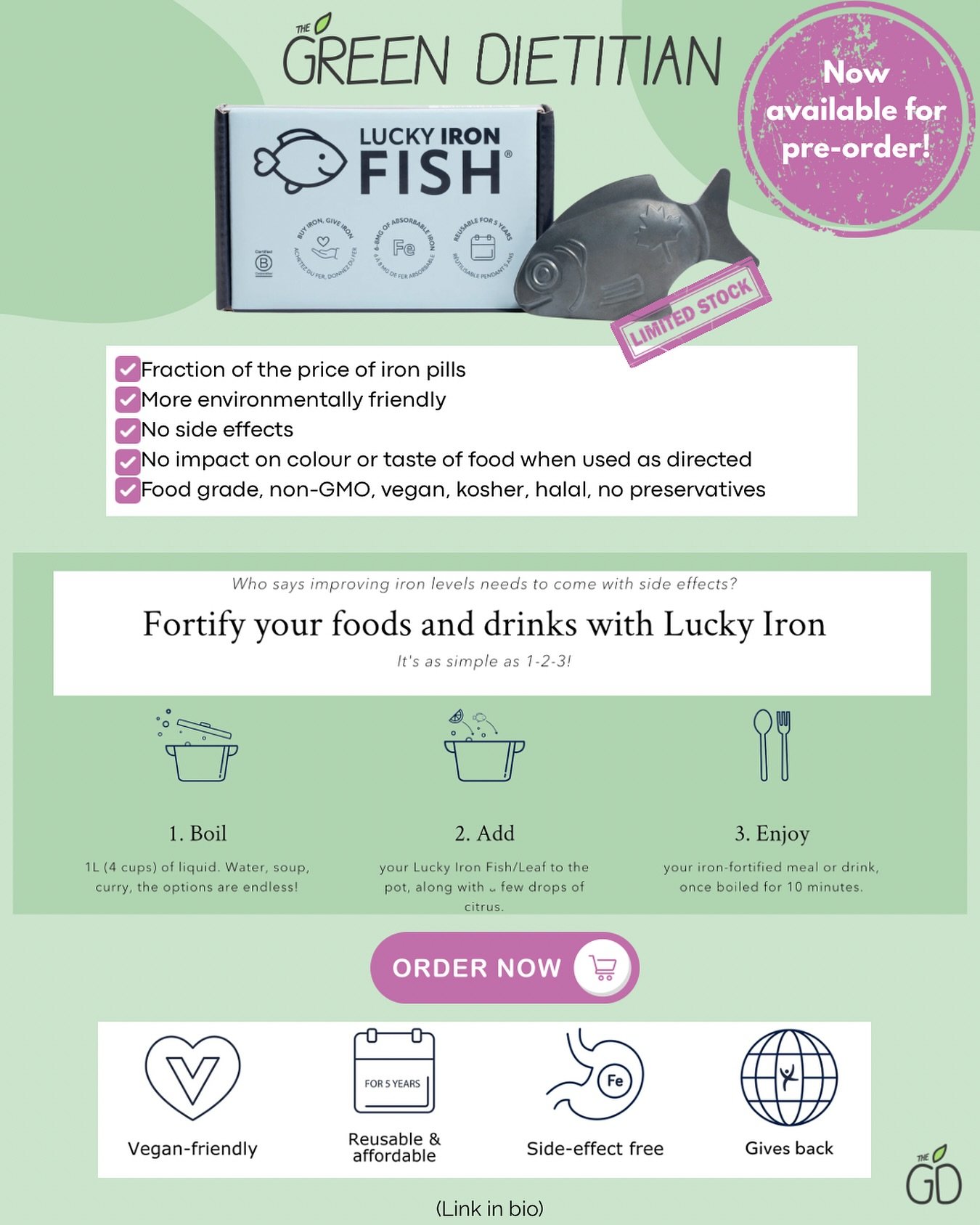 Due to popular demand, the Lucky Iron Fish is now available for pre-order!
The Lucky Iron Fish® is a simple, reusable and effective cooking tool that adds extra iron to your daily foods or drinks. Made from food-grade electrolytic iron powder th