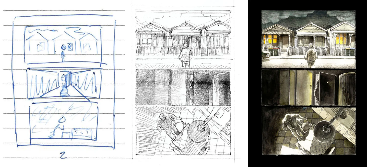 Left to right: Brent's initial sketch (never seen by Korkut); Korkut's initial pencil drawing; and final artwork