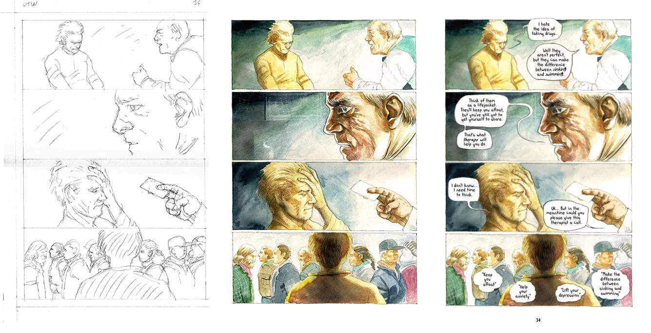 Left to right: Korkut's original pencil sketch, coloured artwork, final page with lettering.