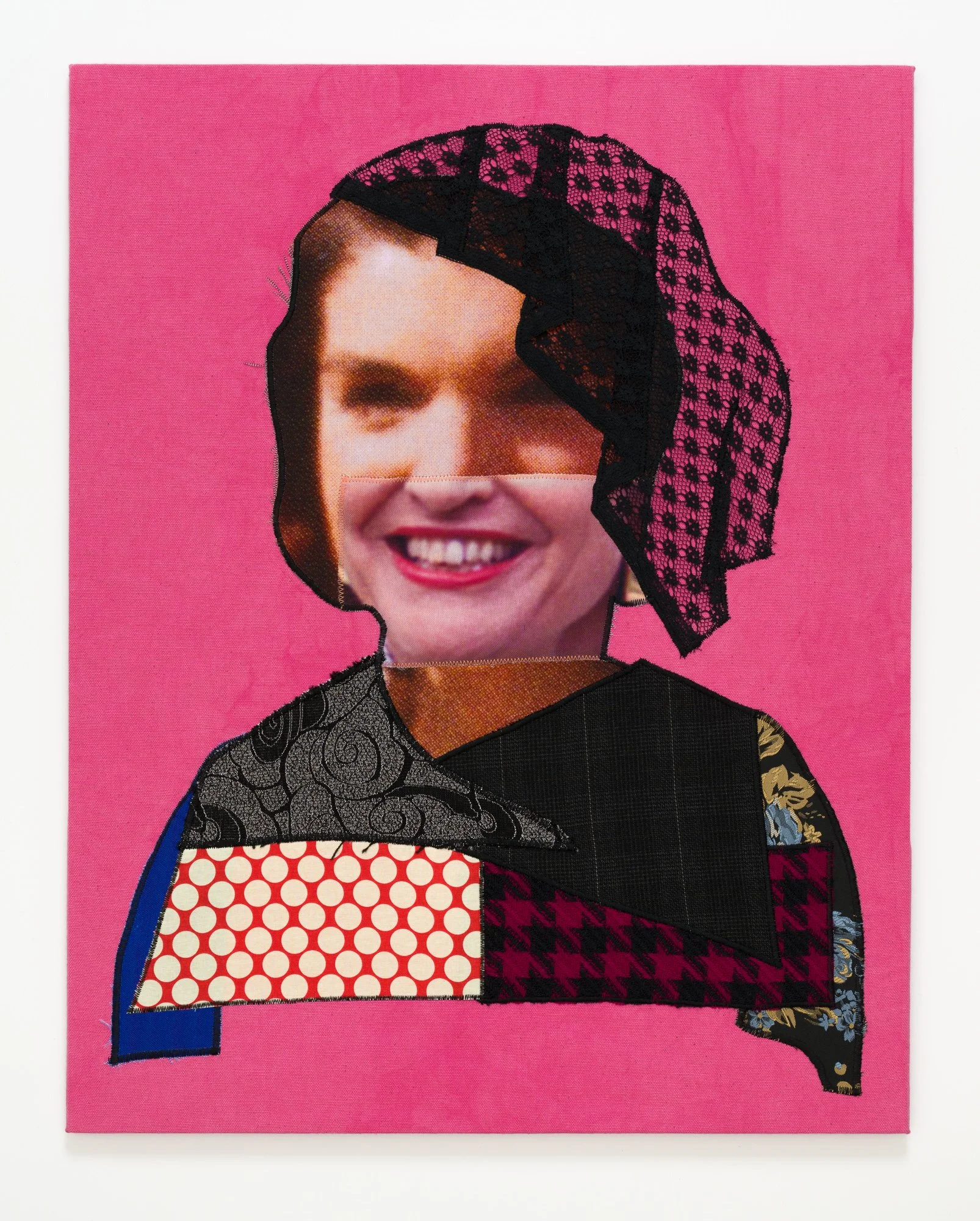 A textile collage of a black-veiled First Lady on a bubblegum pink background.