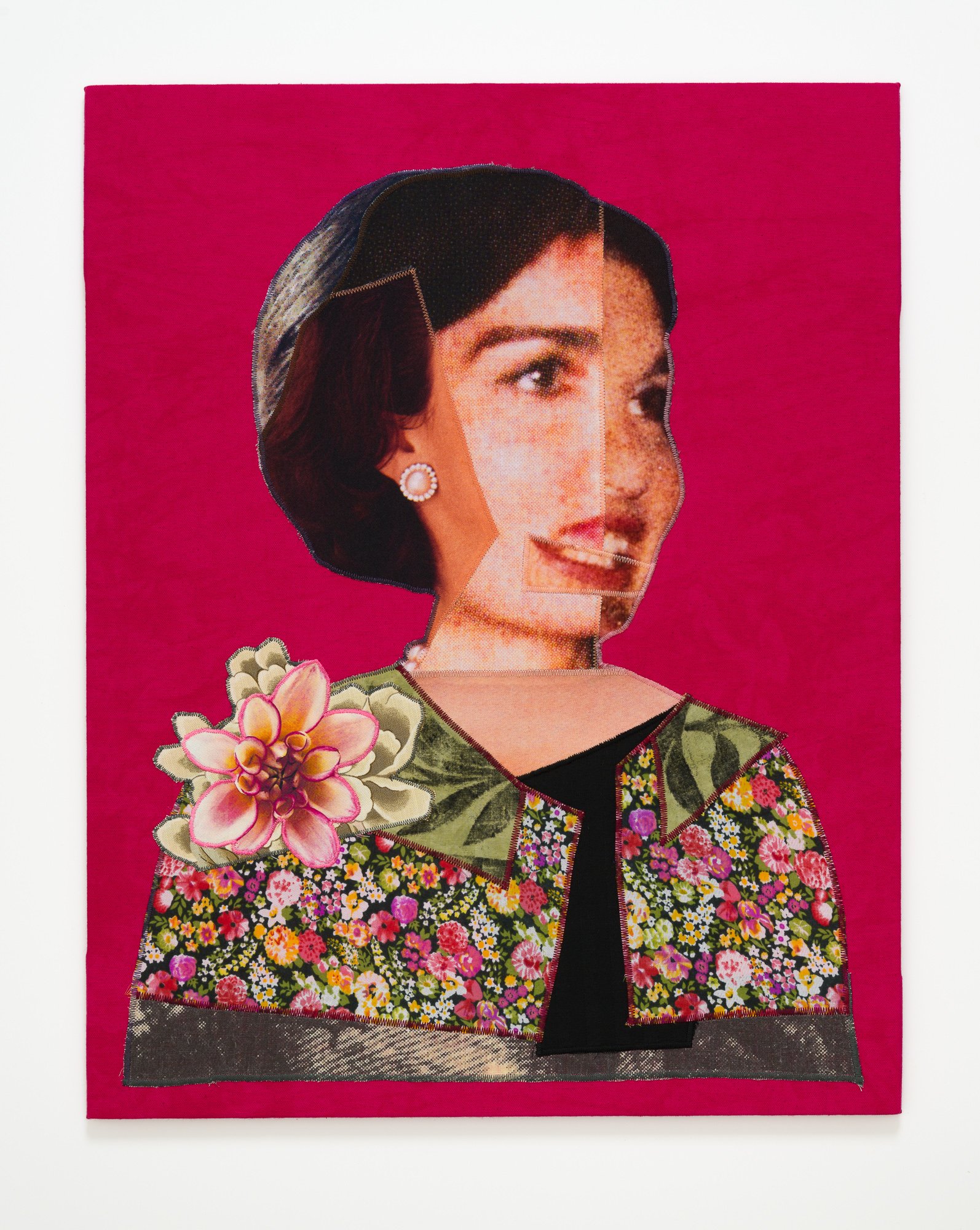 A portrait of a First Lady wearing a prim flowered jacket and brooch.