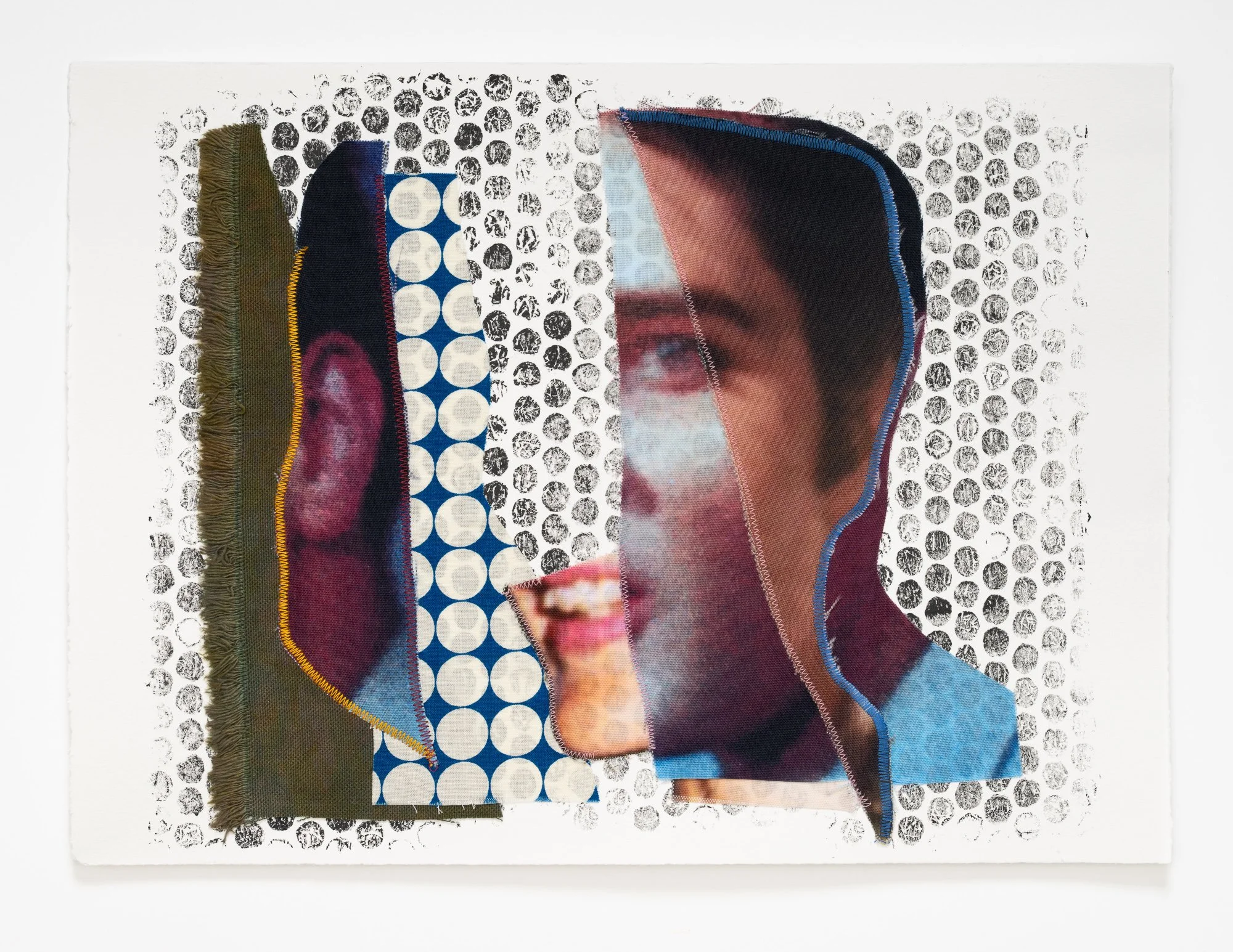 A fabric collage of Elvis Presley mounted to monotyped paper.
