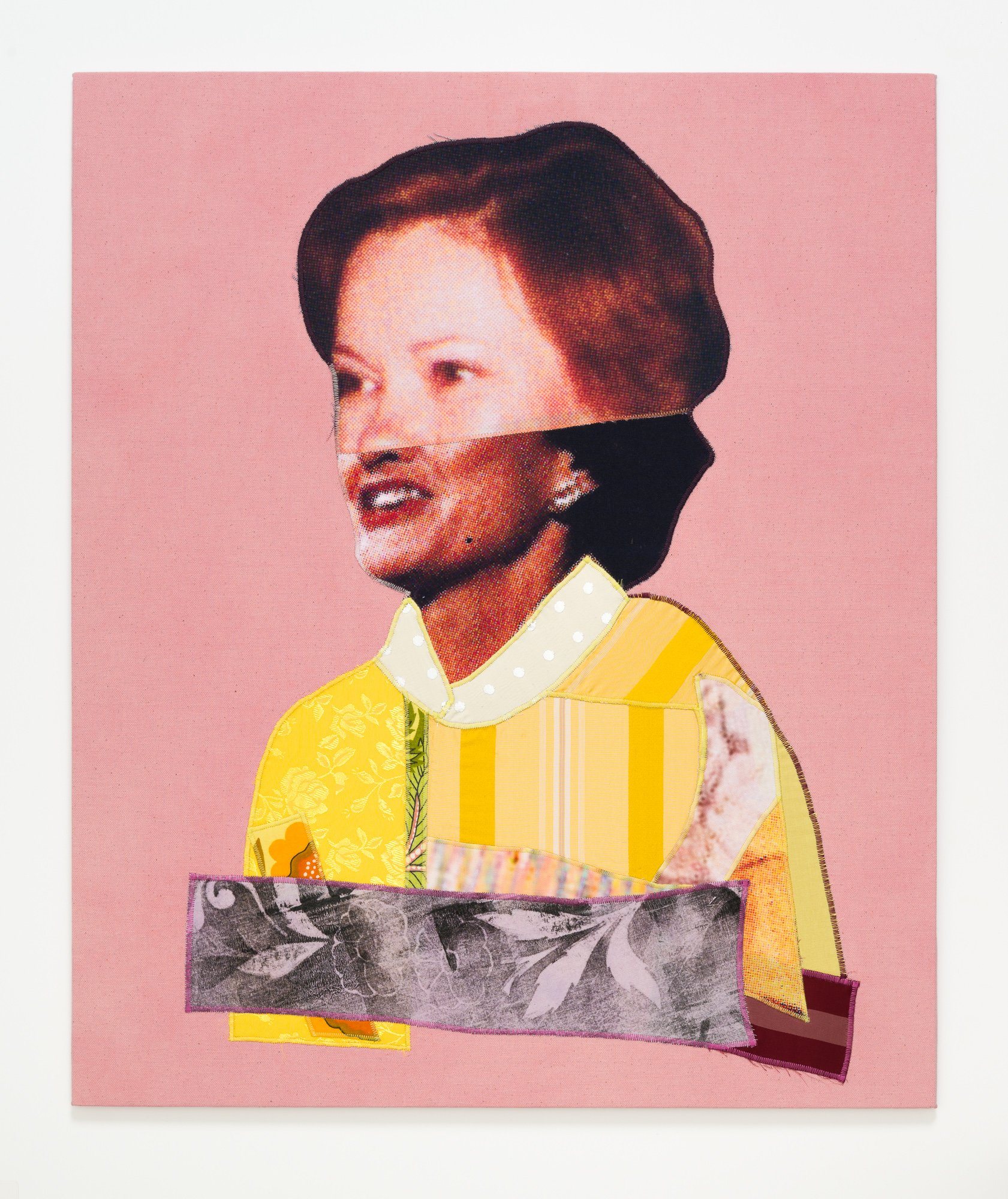 Against a backdrop of soft pink, a First Lady in a yellow striped jacket smiles and gazes into the distance.