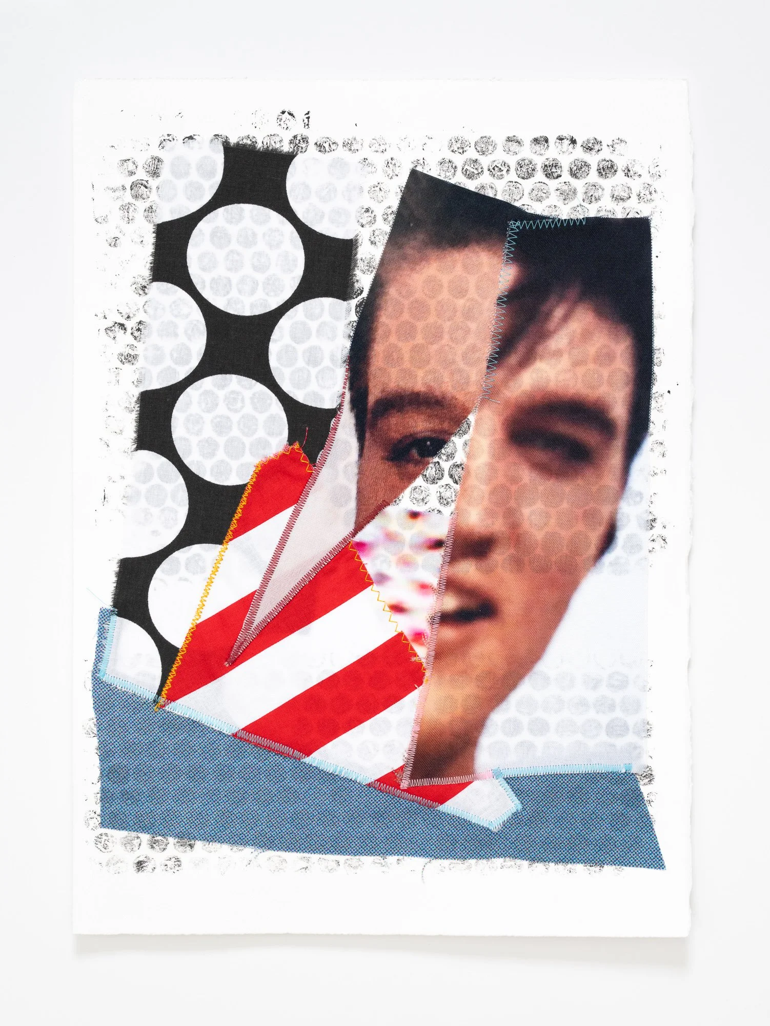 A collaged image of Elvis with elements of the American flag.