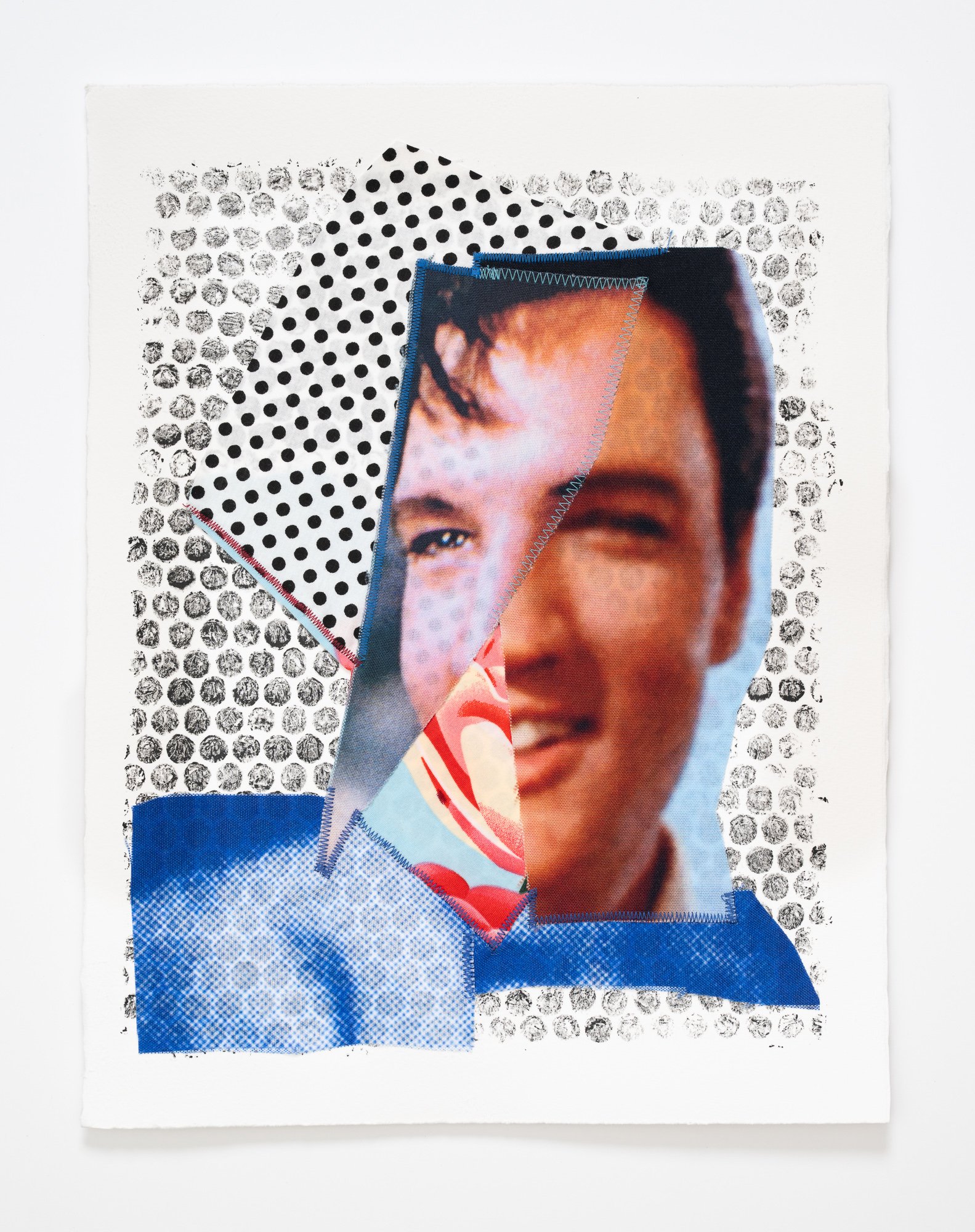 A collage of Elvis Presley made with dotted fabrics and papers.