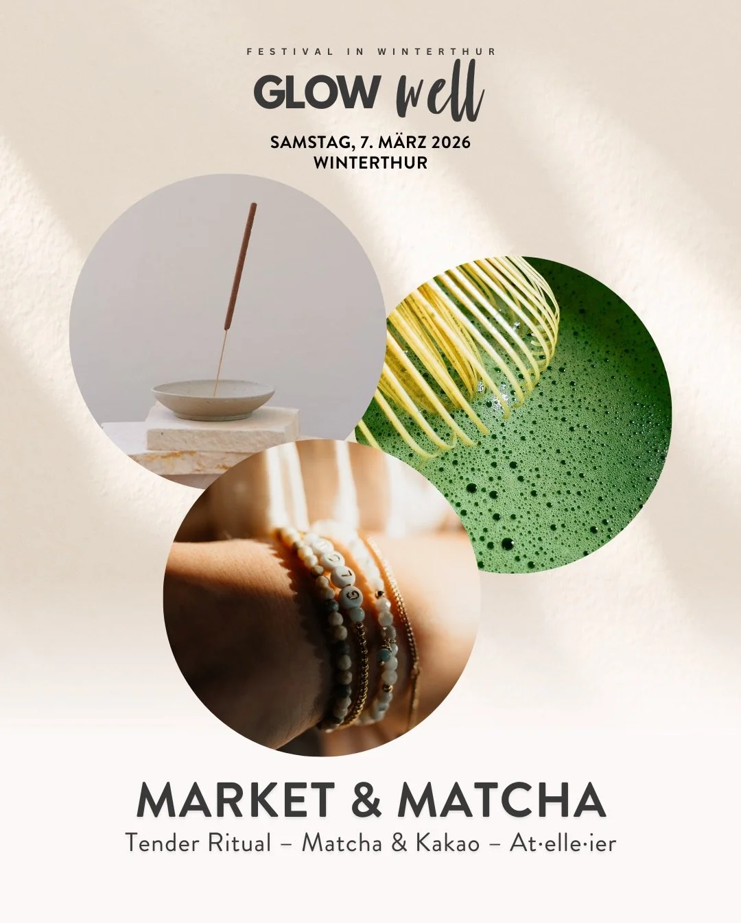 🍵 Market &amp; Matcha am Glow Well Festival

Zwischen den Workshops kannst du dich entspannen und dir eine Pause g&ouml;nnen.

Geniesse eine mit viel Freude zubereitete Tasse Matcha oder Kakao von @fabio_sestito.

St&ouml;bere durch den sch&ouml;nen