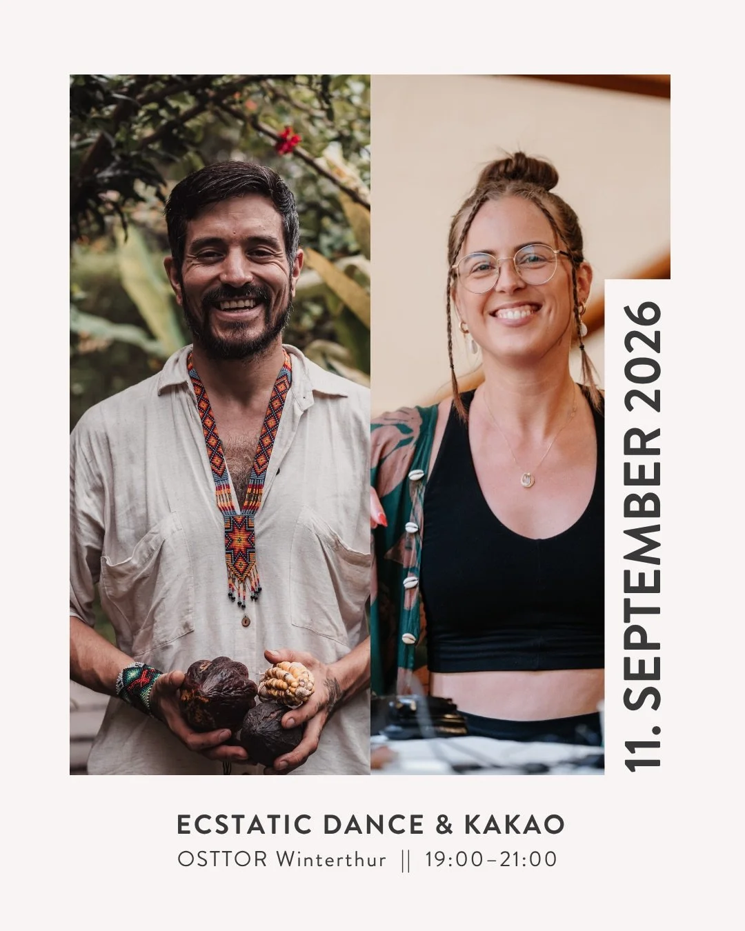 ECSTATIC DANCE &amp; KAKAO 😍🍫✨
mit @jm_livetothefullest und @martinaglows
mit Kakao aus Bali von @sagrado.jaguar 

SPECIAL EVENT
Freitag, 11. September 2026
19:00-21:00
📍 Osttor Winterthur

♻️ Wir m&ouml;chten unn&ouml;tigen Einwegabfall vermeiden