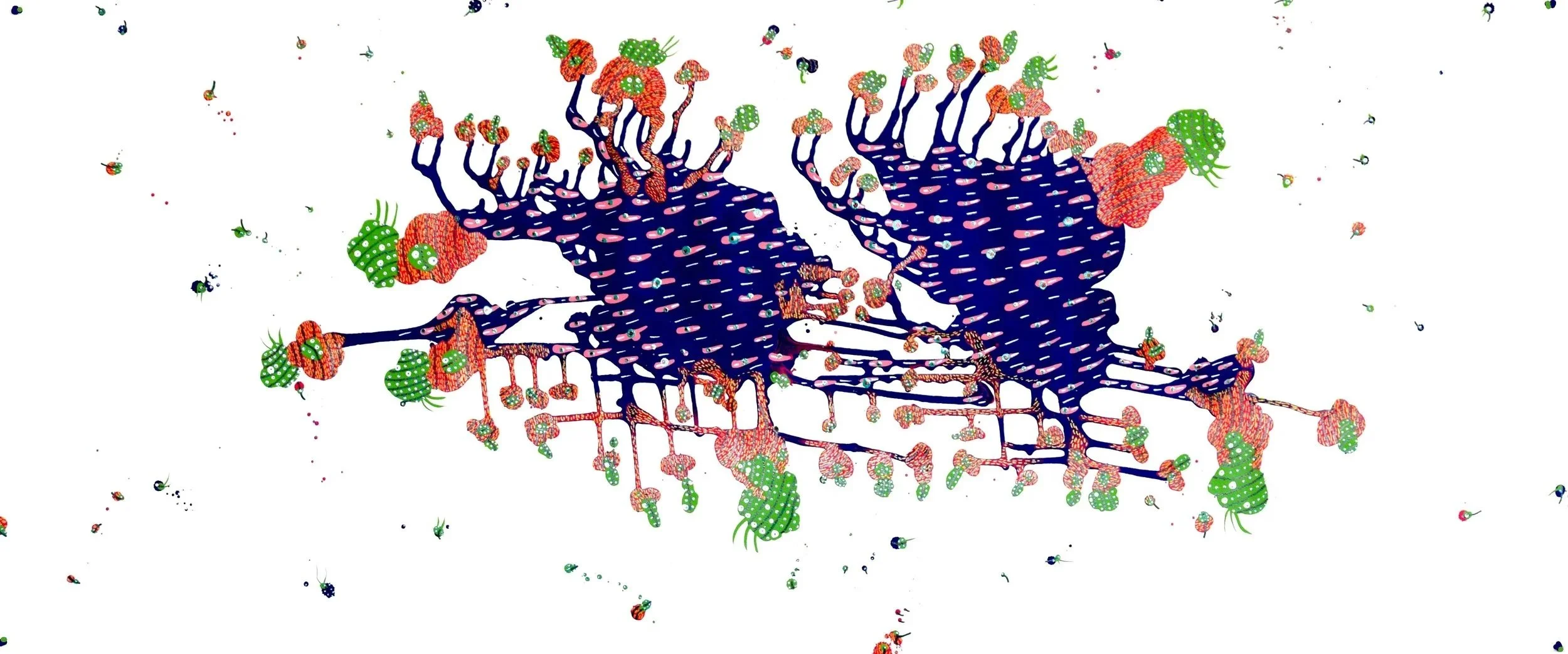 "Red Roosters Dancing" 26x52 inch Acrylic and Paint Marker on Paper 2024