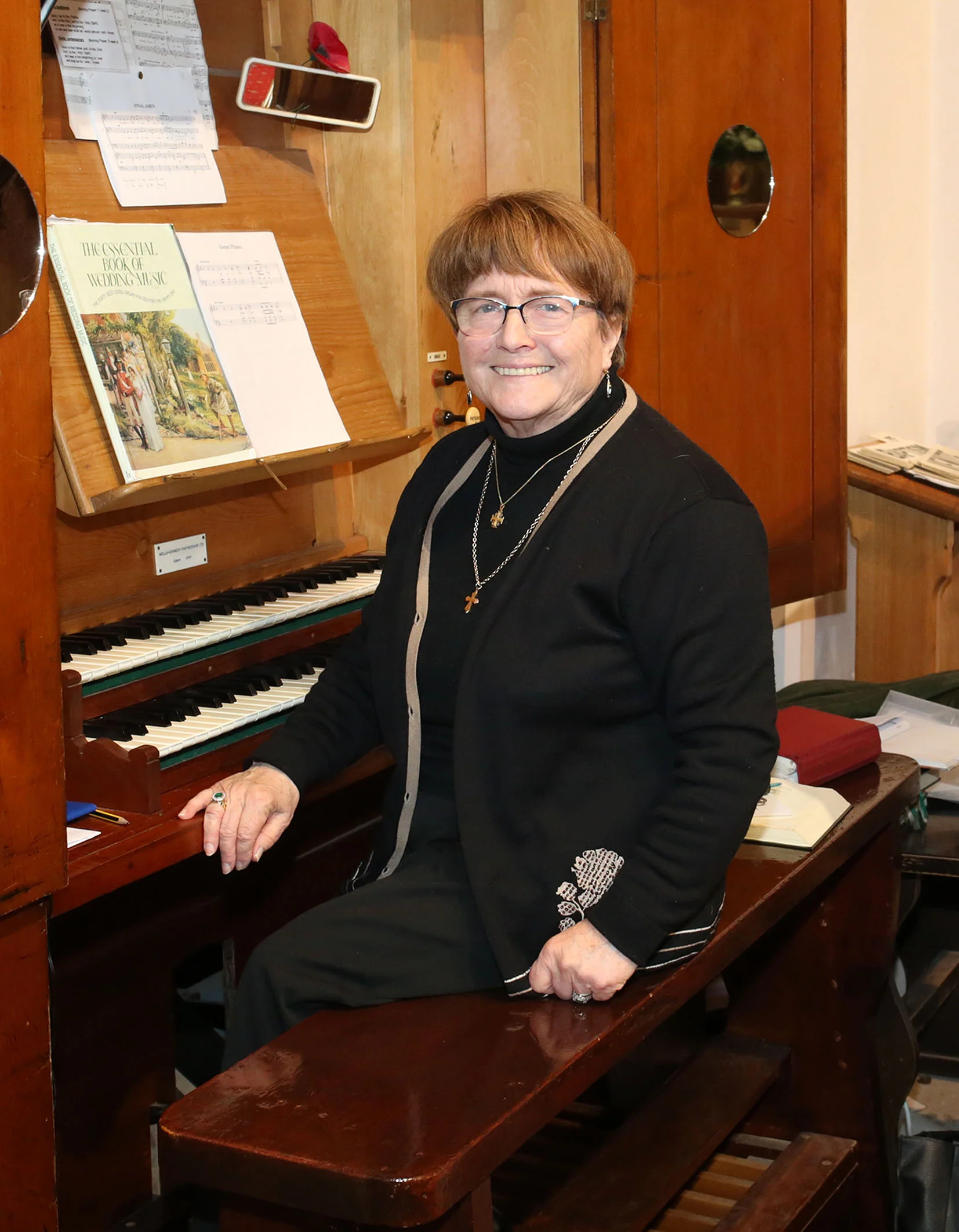 Valerie Ireland enjoying her temporary role as church organist at today’s family service.