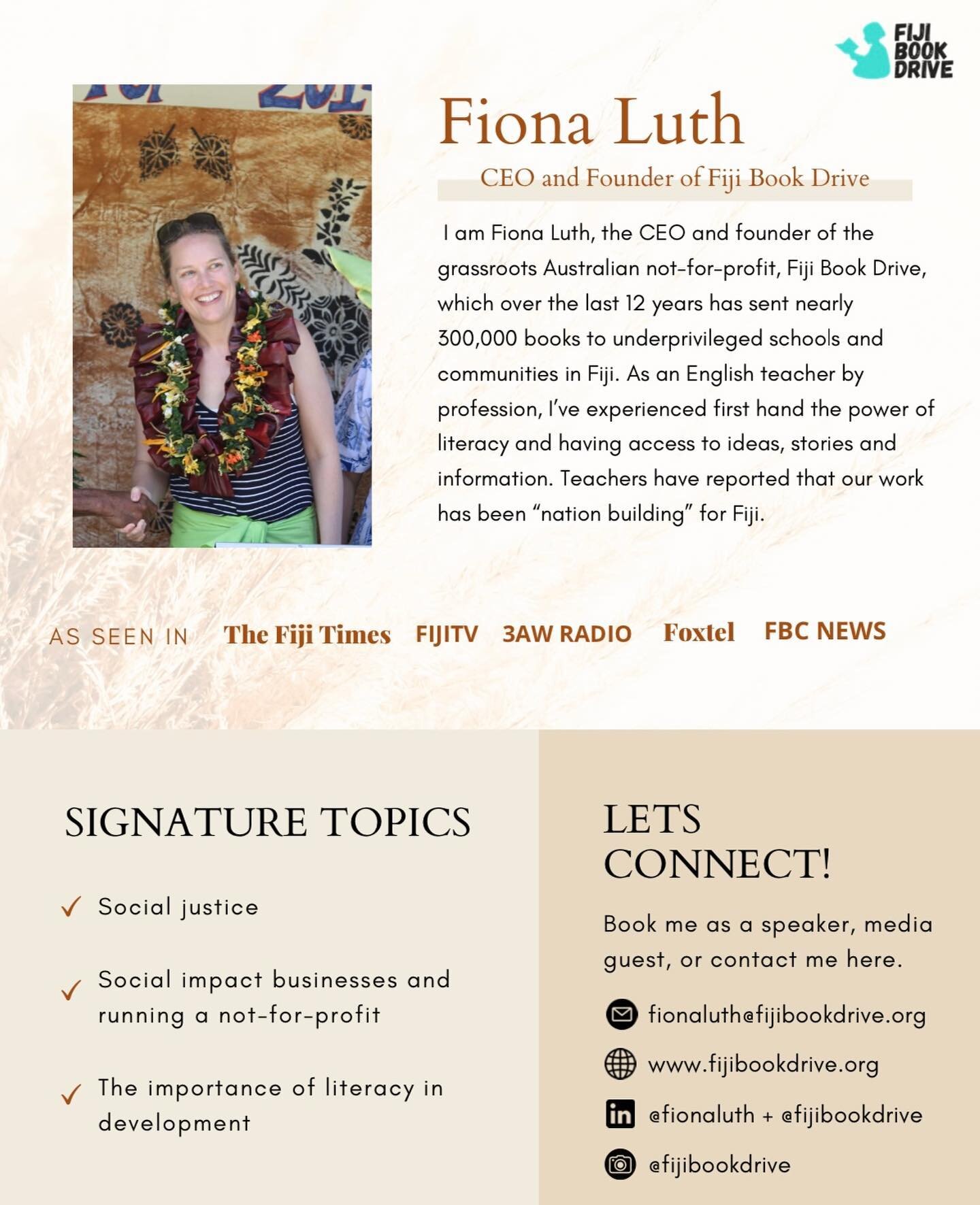 A friend of Fiona&rsquo;s attending the Fiji Book Drive Ladies lunch said the following after hearing Fiona speak: &ldquo;You should totally be a speaker!&rdquo; 

Fiona is pleased to announce that this is now happening!

Here are Fiona&rsquo;s singl