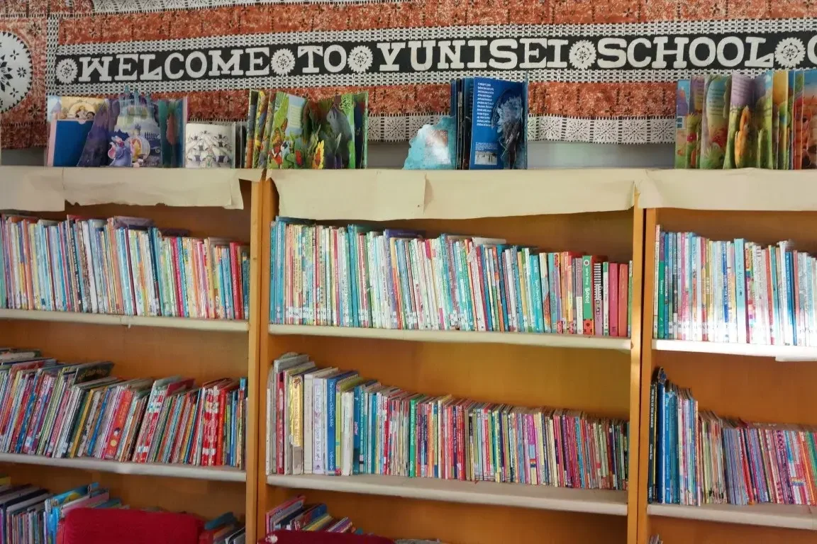 Bookshelves filled with colorful children's books at Yunisei School.