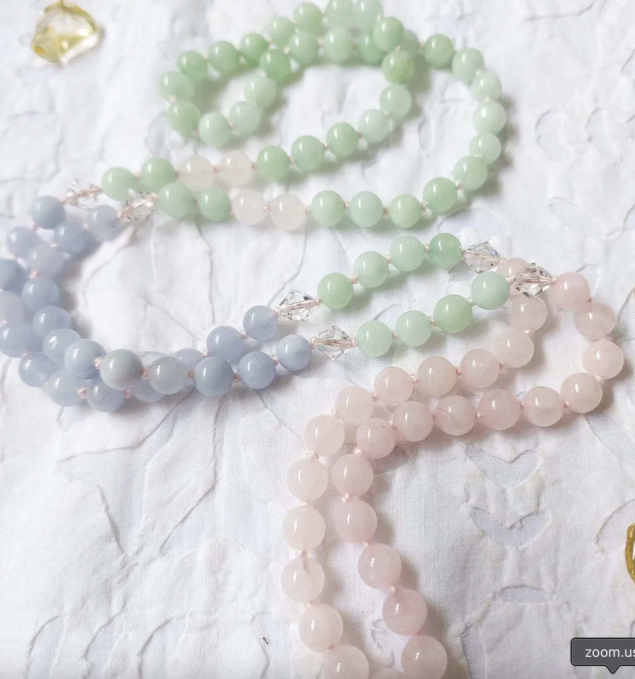 Handmade Rose Qaurtz, Aquamarine + Green Jade 108-Bead Mala