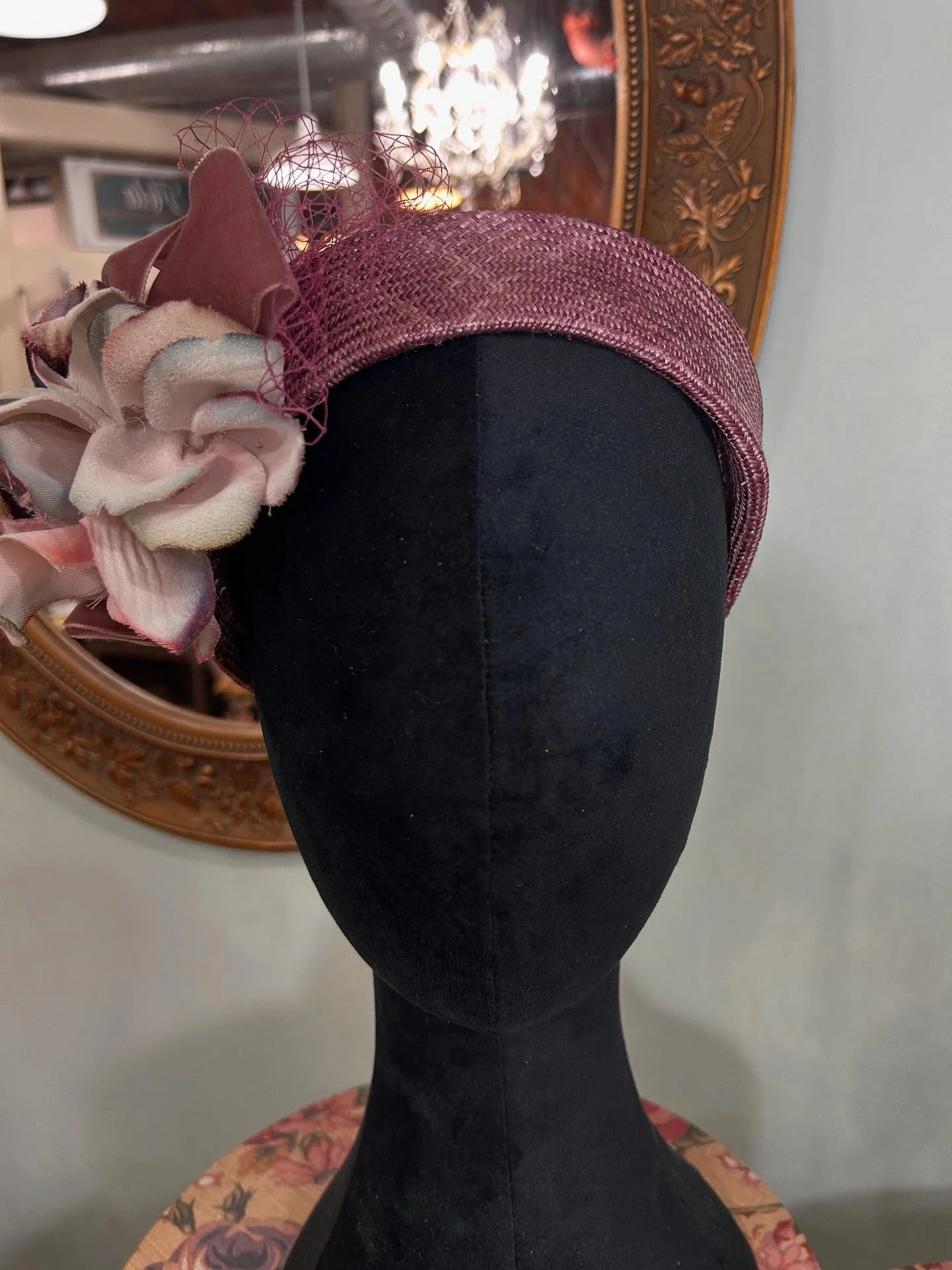 Rose color parasisol halo headpiece with handmade flowers from @customfabricflowers and small amount of vintage veiling available in the shop today. Perfect for attending a wedding, tea or luncheon engagement, mother of the bride or groom, horse race