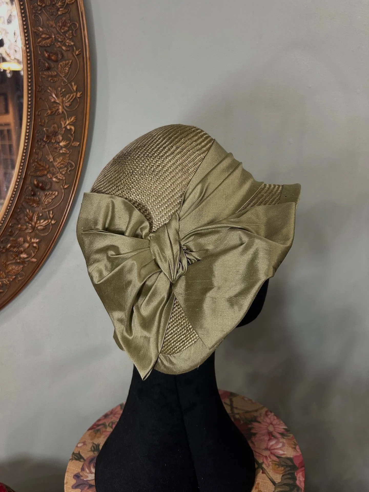 Sage green 1920&rsquo;s style &ldquo;poke&rdquo; just put out in the shop. All silk trimmings with a wired and silk bound edge. #strawhat #hat #hatstyle #handmade #hats #hatstyles #millinery #millinerymaker #missfisher #downtonabbey #1920style  #1920