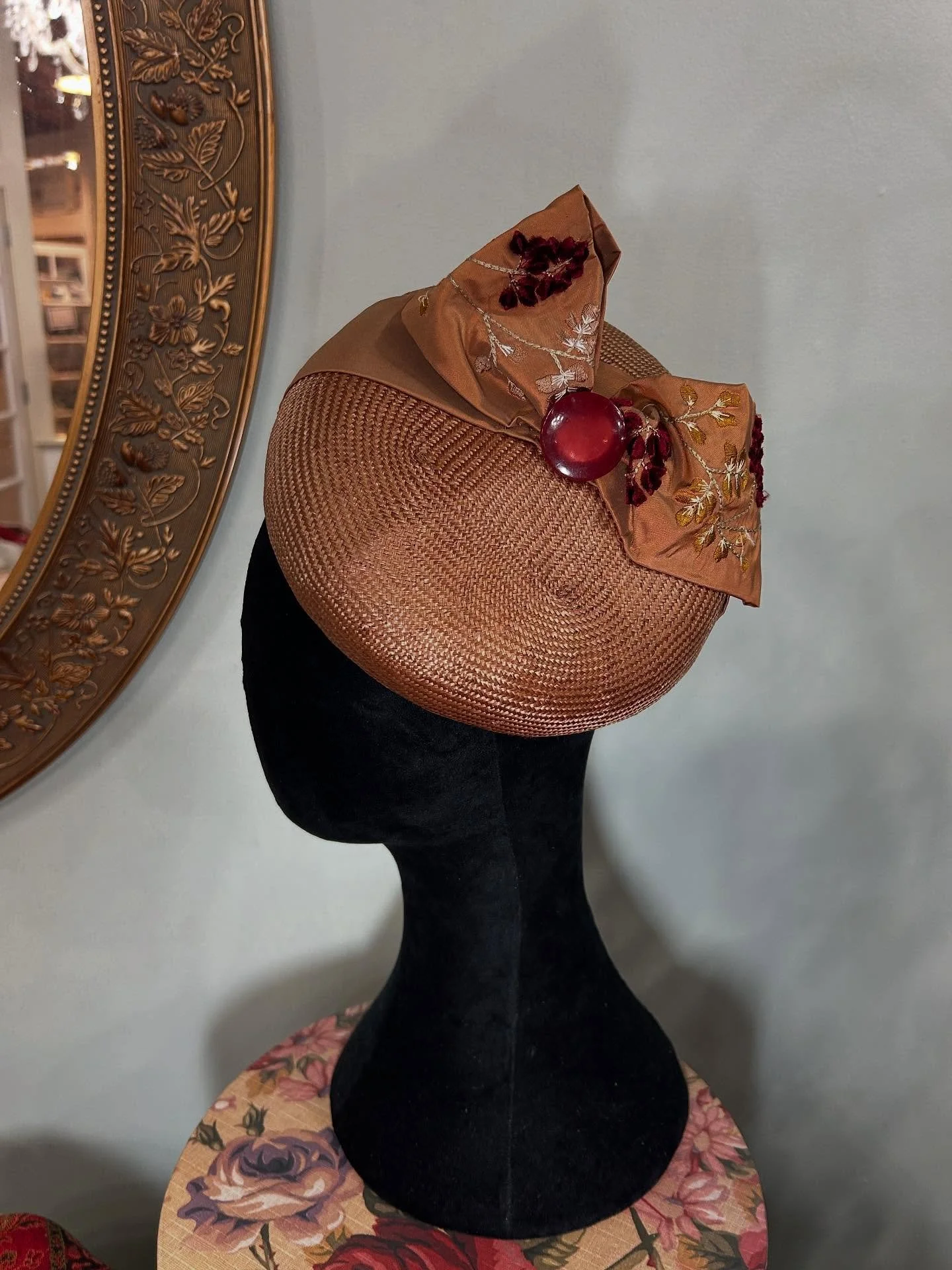 Carmel colored parasisal straw button fascinator with embroidered silk trimmings and a vintage button available in the shop today. Yes, it may be new to the shop, but as it is straw, it is 40% off for the month of September. #strawhat #fascinator #fa