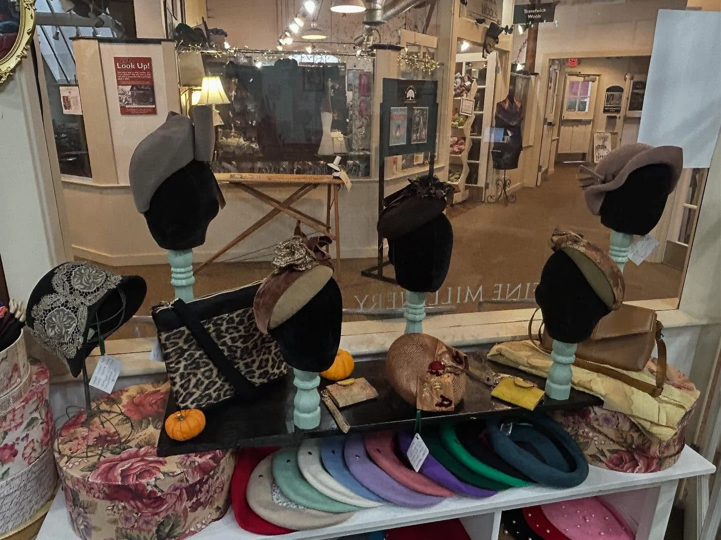 Fall has definitely come to Salem Oregon and the autumnal colors of fur felts are adorning our shop. From teardrops to buttons to cloches to vintage shapes, we probably have a hat or fascinator that  is perfect for your upcoming  fall and winter even