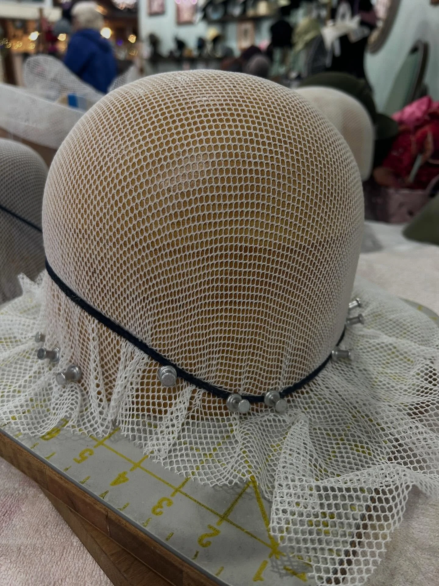 So excited to get to play with a length of new &ldquo;Paris Net&rdquo; provided by www.hatsupply.com . This blocks beautifully with no wrinkles even on an 8&rdquo; crown depth and around a three dimensional bandeau block. A bit lighter in sizing than