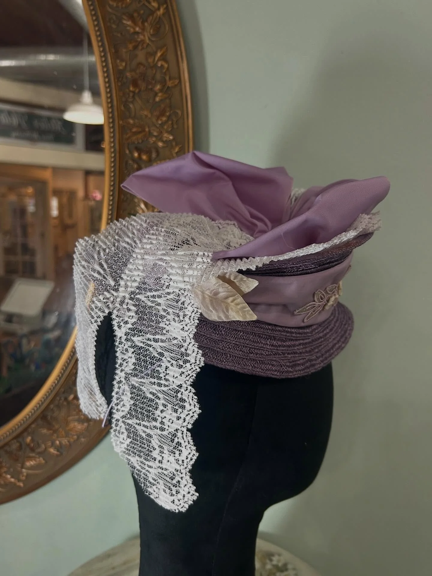 1870&rsquo;s bustle hat hand sewn lavender ramie strip straw on a wire frame covered in silk and lined with silk kimono fabric just finished and packed up for Costume College Marketplace sale. Vintage wide lavender ribbon,  lace, velvet leaves and la