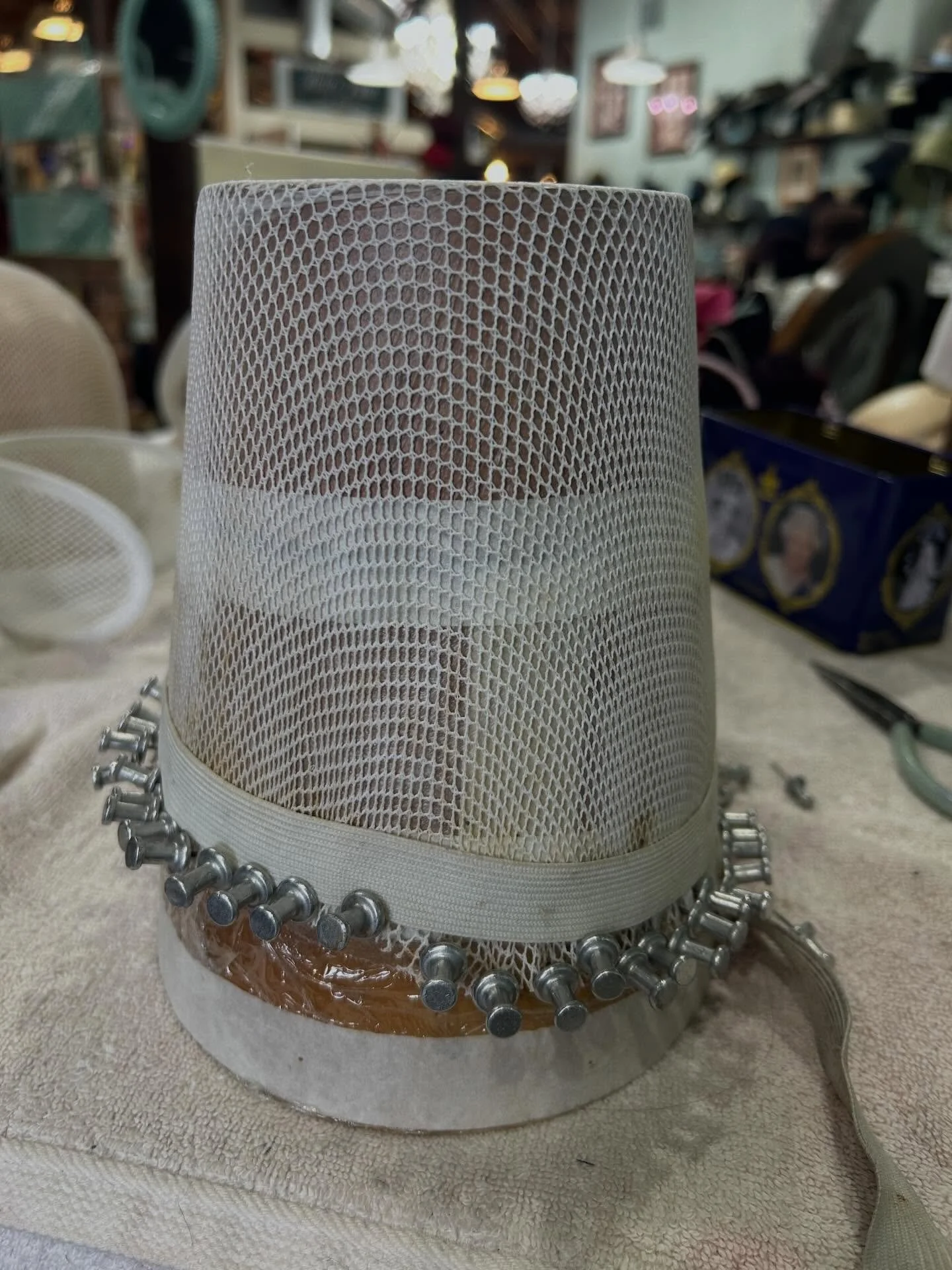 Decided to reblock the Paris Net  tall rounded crown into a crown more suitable for an 1880&rsquo;s ladies &ldquo;tall hat&rdquo; and use the saucer I blocked as the brim. (Guy morris-brown FB4-0). The Paris Net reblocked like a dream ( the brown mar