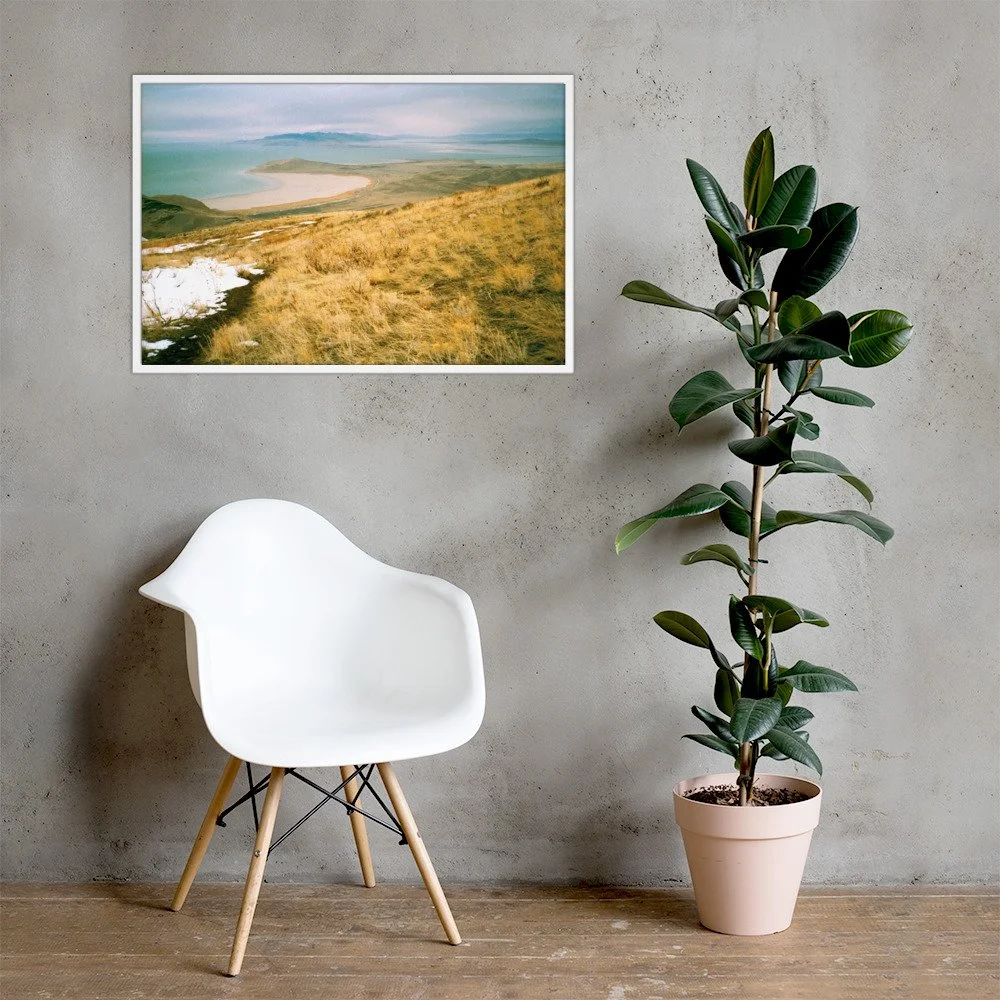 THAW / 002 framed winter high-plains photograph by Nathon Ruehl in a concrete-wall interior