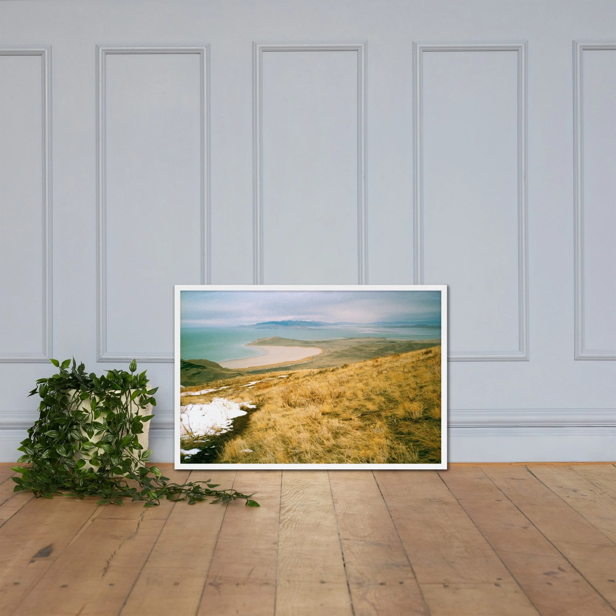THAW / 002 framed winter high-plains photograph by Nathon Ruehl on a dark wood wall