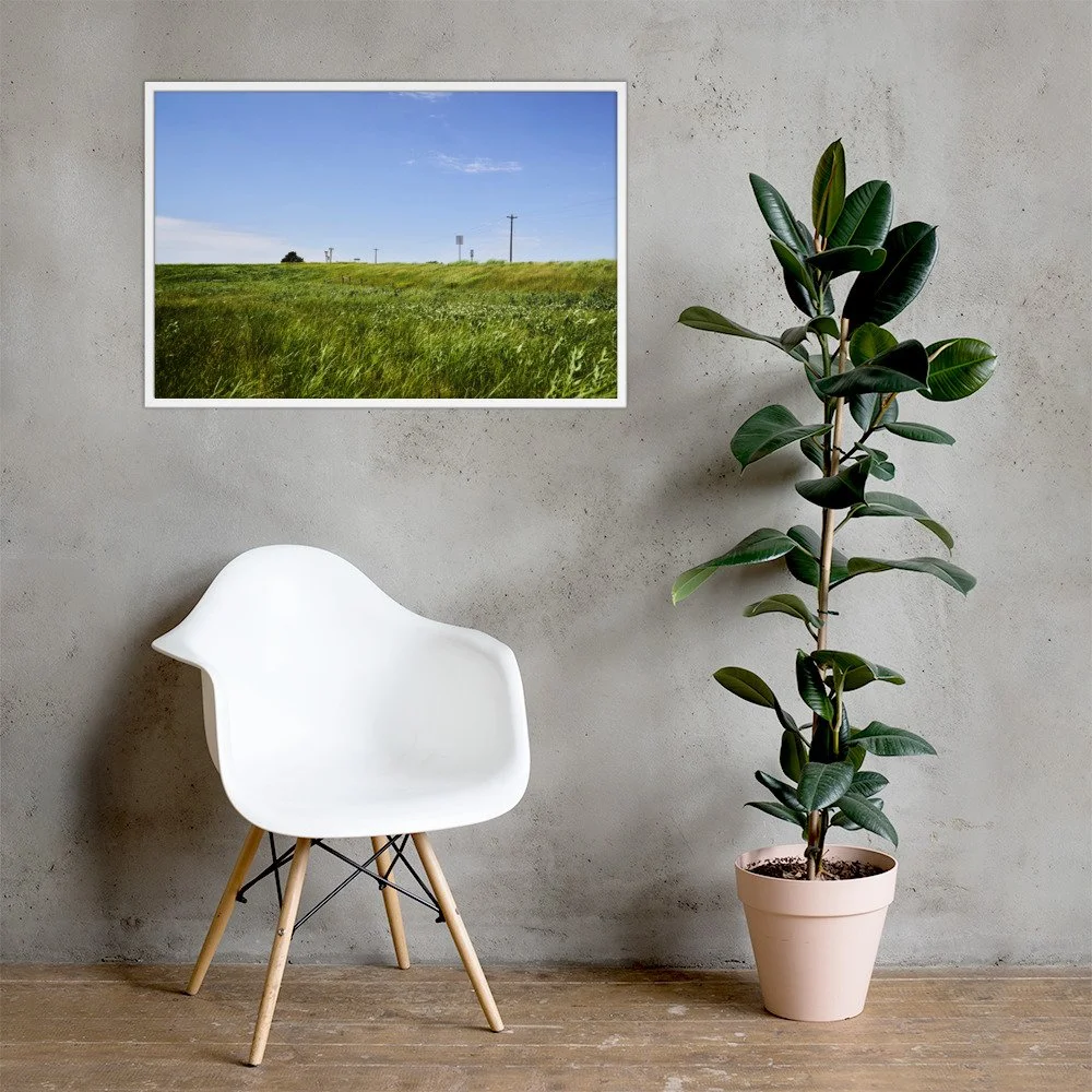 OPEN RANGE / 005 framed open grassland photograph by Nathon Ruehl in a concrete-wall interior
