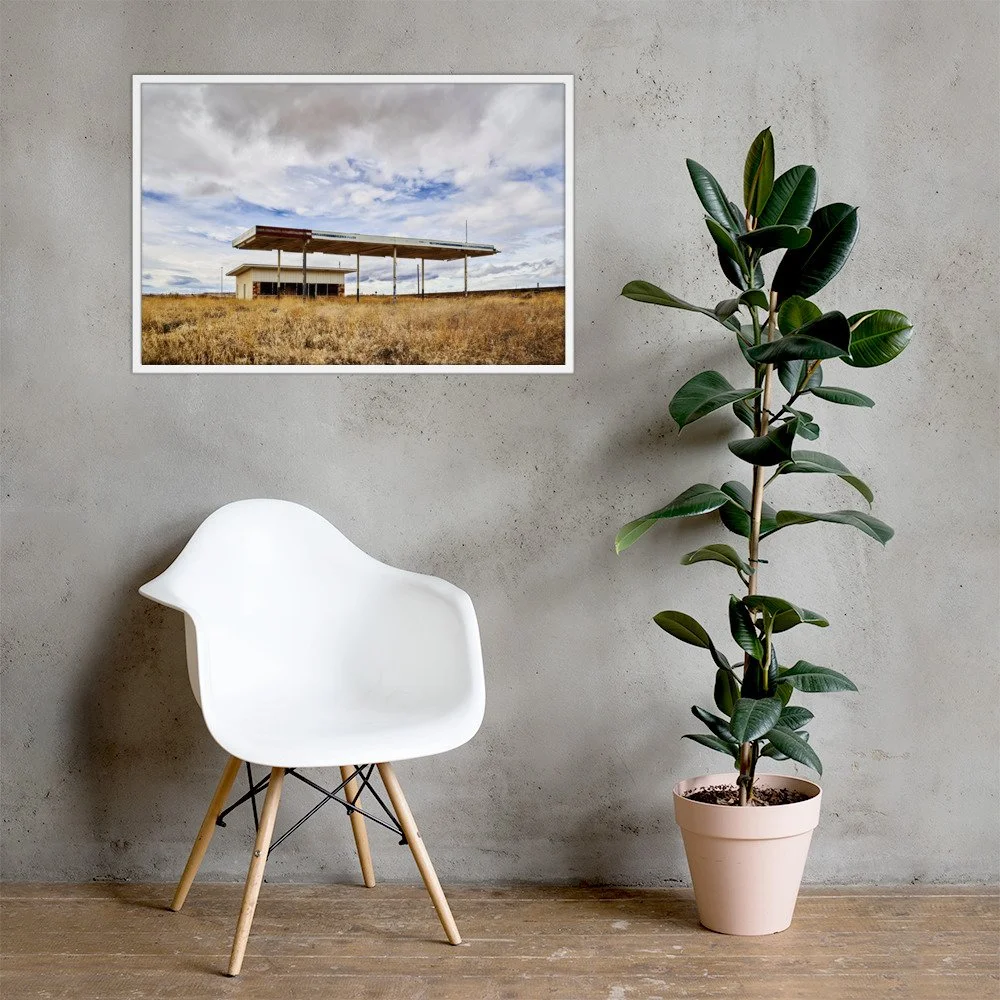 VACANCY / 006 framed abandoned roadside station photograph by Nathon Ruehl in a concrete-wall interior