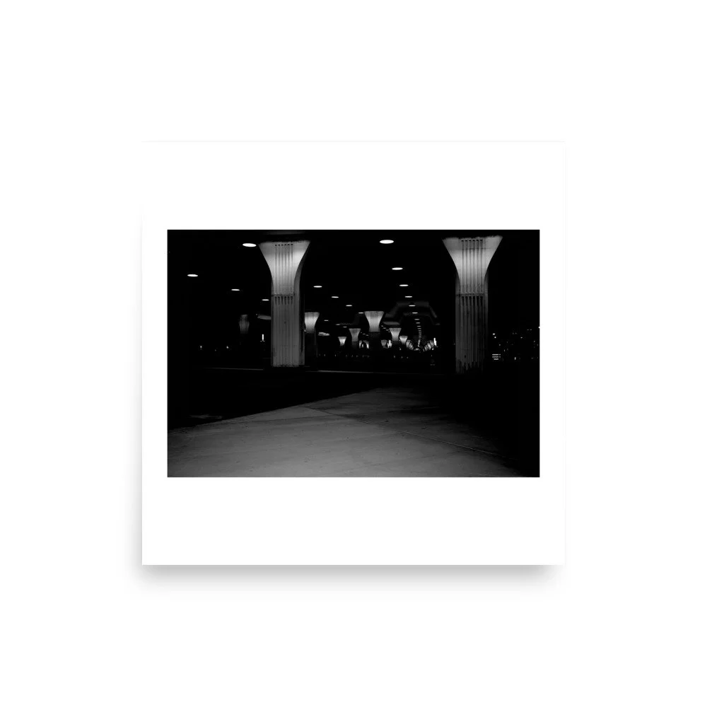 Square unframed matte poster of City Walk BHAM near the BJCC in Birmingham, Alabama, showing Nathon Ruehl’s full black-and-white photograph with white borders.