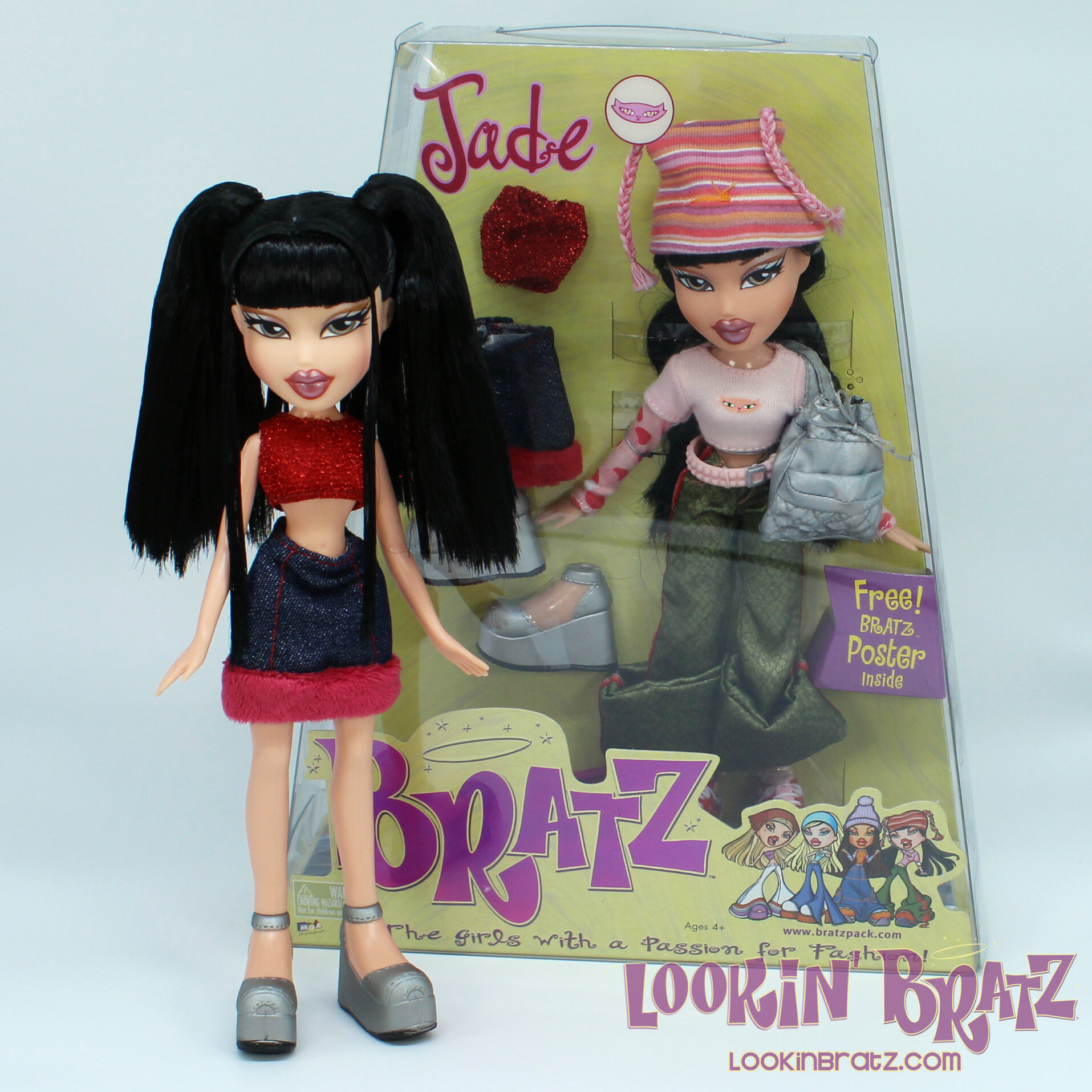 Bratz 20 Yearz Special Edition Jade (2021; unboxed) and Bratz First Edition Re-Release Jade (2005; boxed)