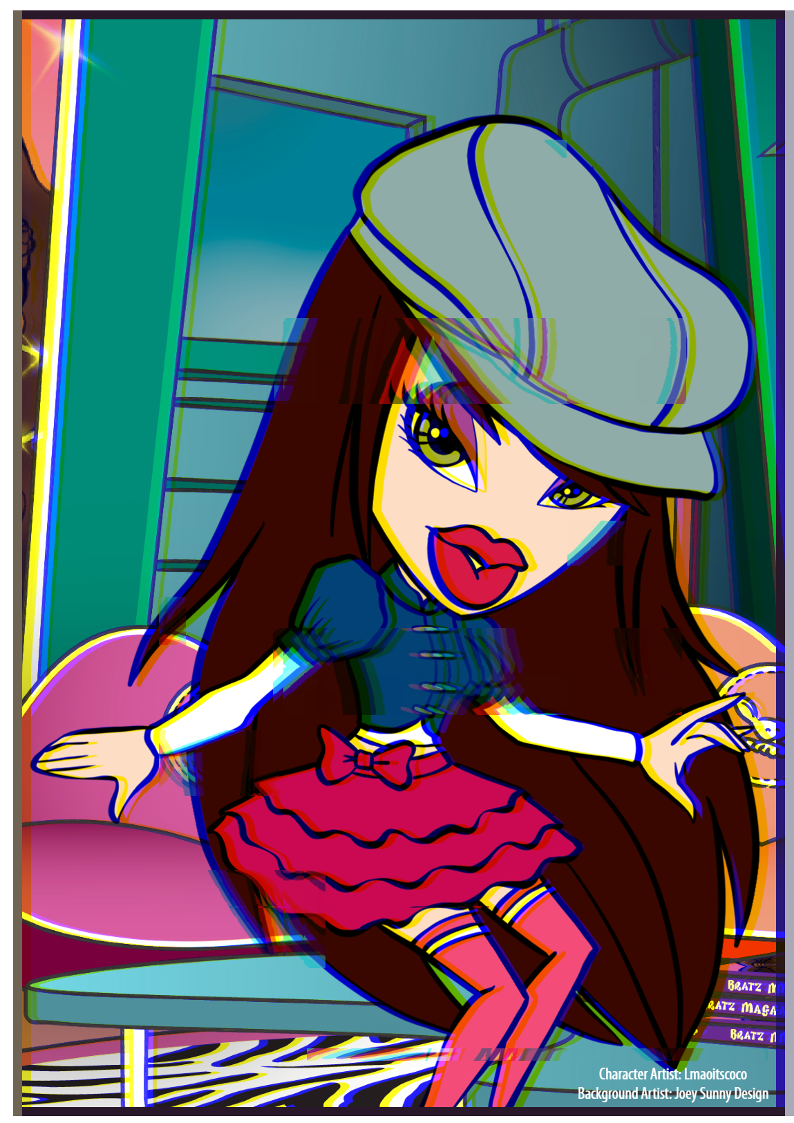 Character art of Bratz Party 2010 Jade illustrated by Lmaoitscoco in the Bratz Magazine office illustrated by Joey Sunny Design.