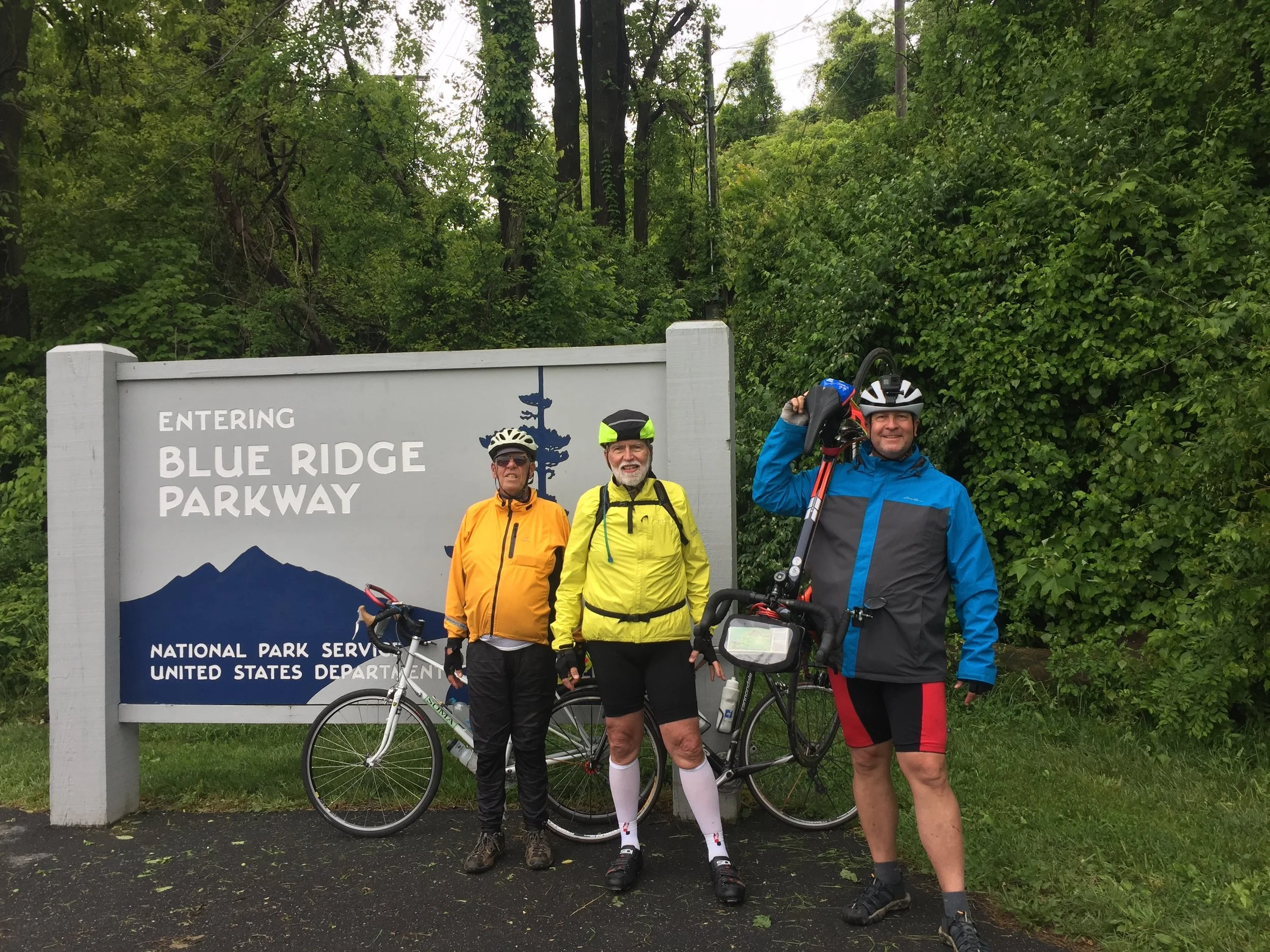 Blue Ridge Parkway. After going straight up forever we enter this famed roadway. I would like to think that from here it's just a nice winding flat path along the ridge but I am disappointed. (With Mike &amp; Don)​