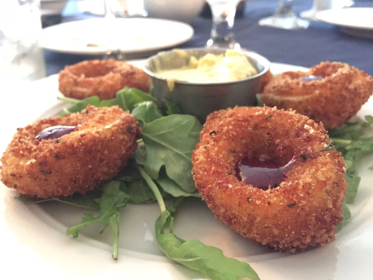 Dinner tonight starting with deep fried deviled eggs. A first time experience. Tasty. Bourbon Short ribs with gnocchi. Almost buttery. John picked the wine which was shared between him, Barry and I - a smooth Pinot Noir. Enjoyable dinner with lots o…