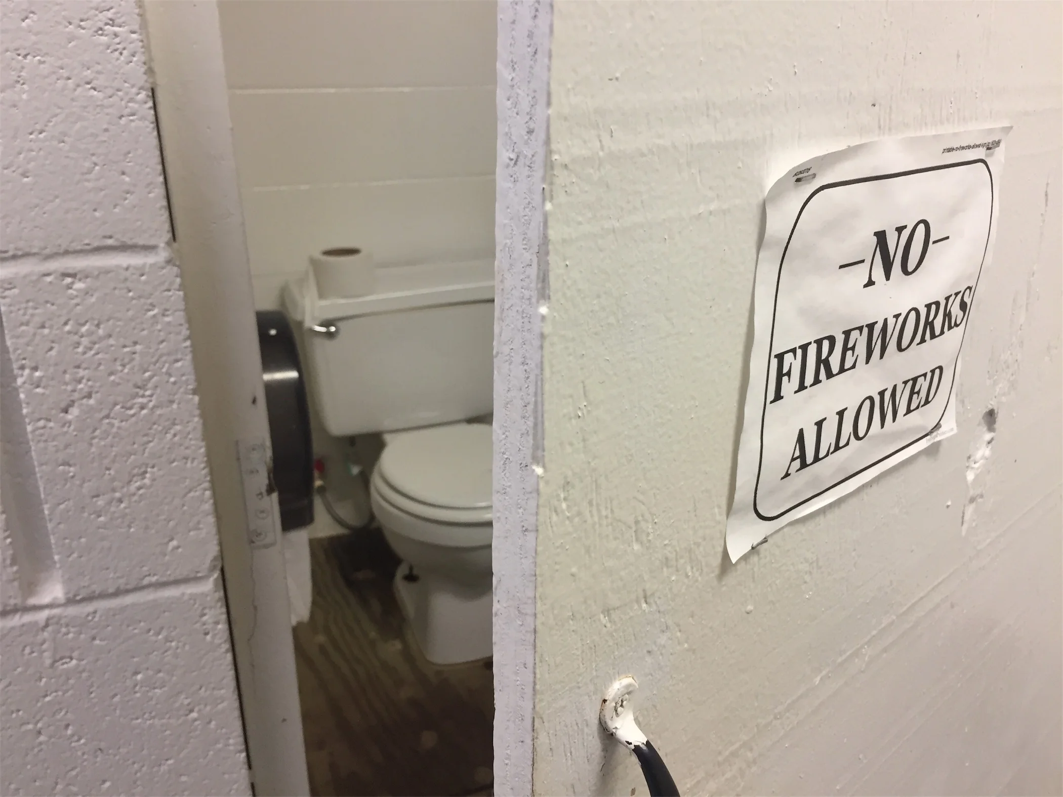 The men's bathroom, not the women's, has a hilarious sign on the bathroom stalls. No Fireworks Allowed. It makes us wonder what happened to make that sign a necessity.