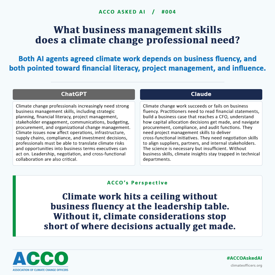 What business management skills does a climate change professional need?